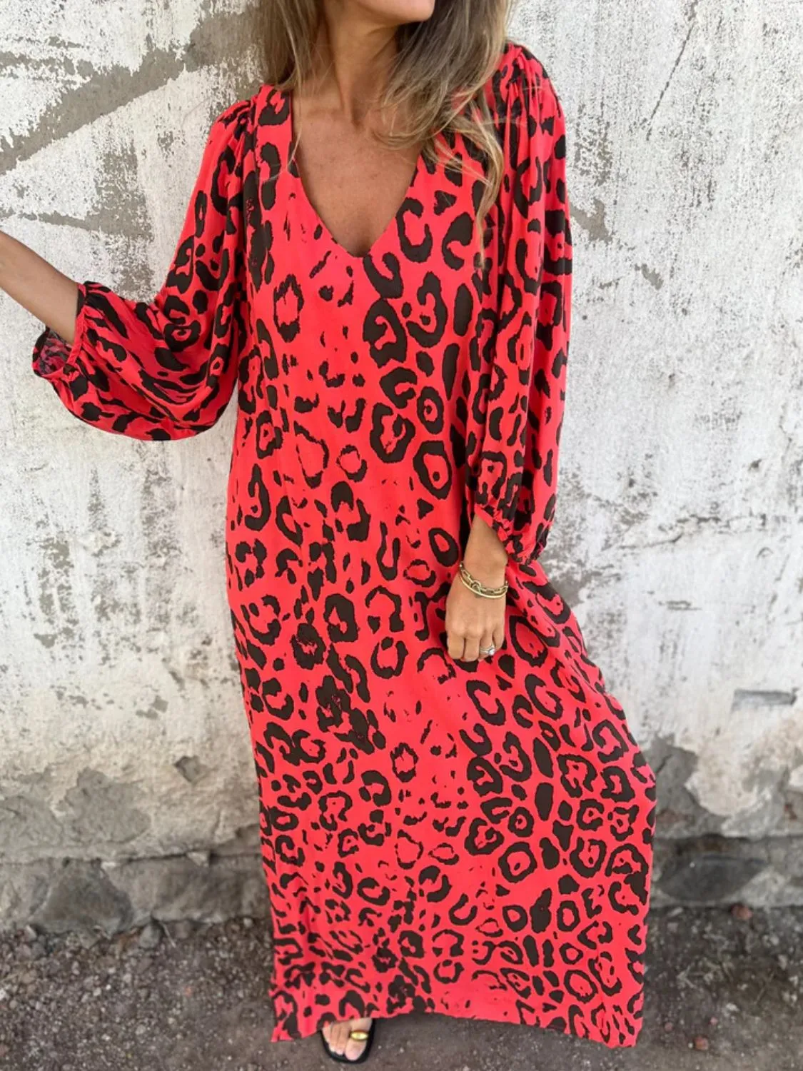 Full Size Printed V-Neck Dress with Pockets Plus Size - Image 29
