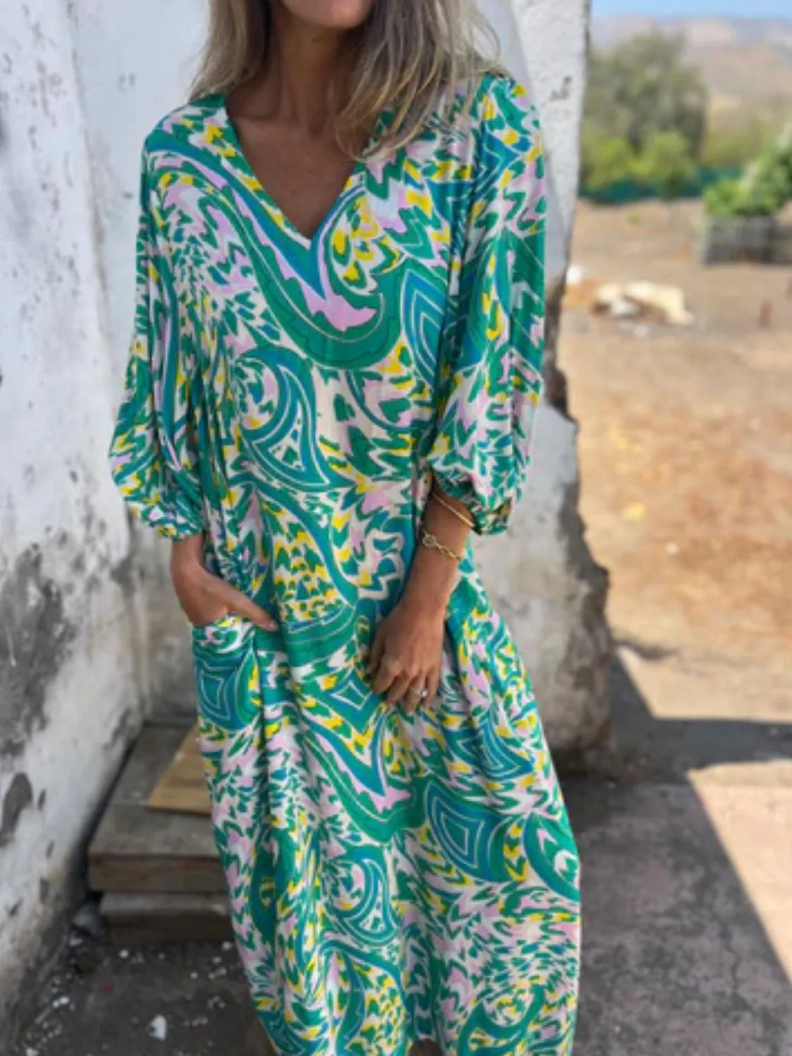 Full Size Printed V-Neck Dress with Pockets Plus Size - Image 3