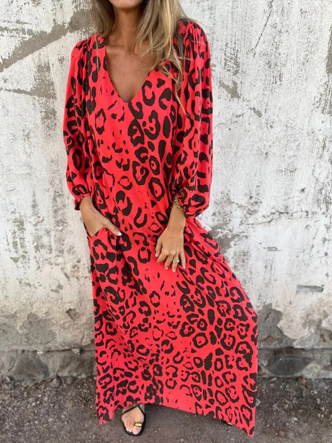 Full Size Printed V-Neck Dress with Pockets Plus Size - Image 31