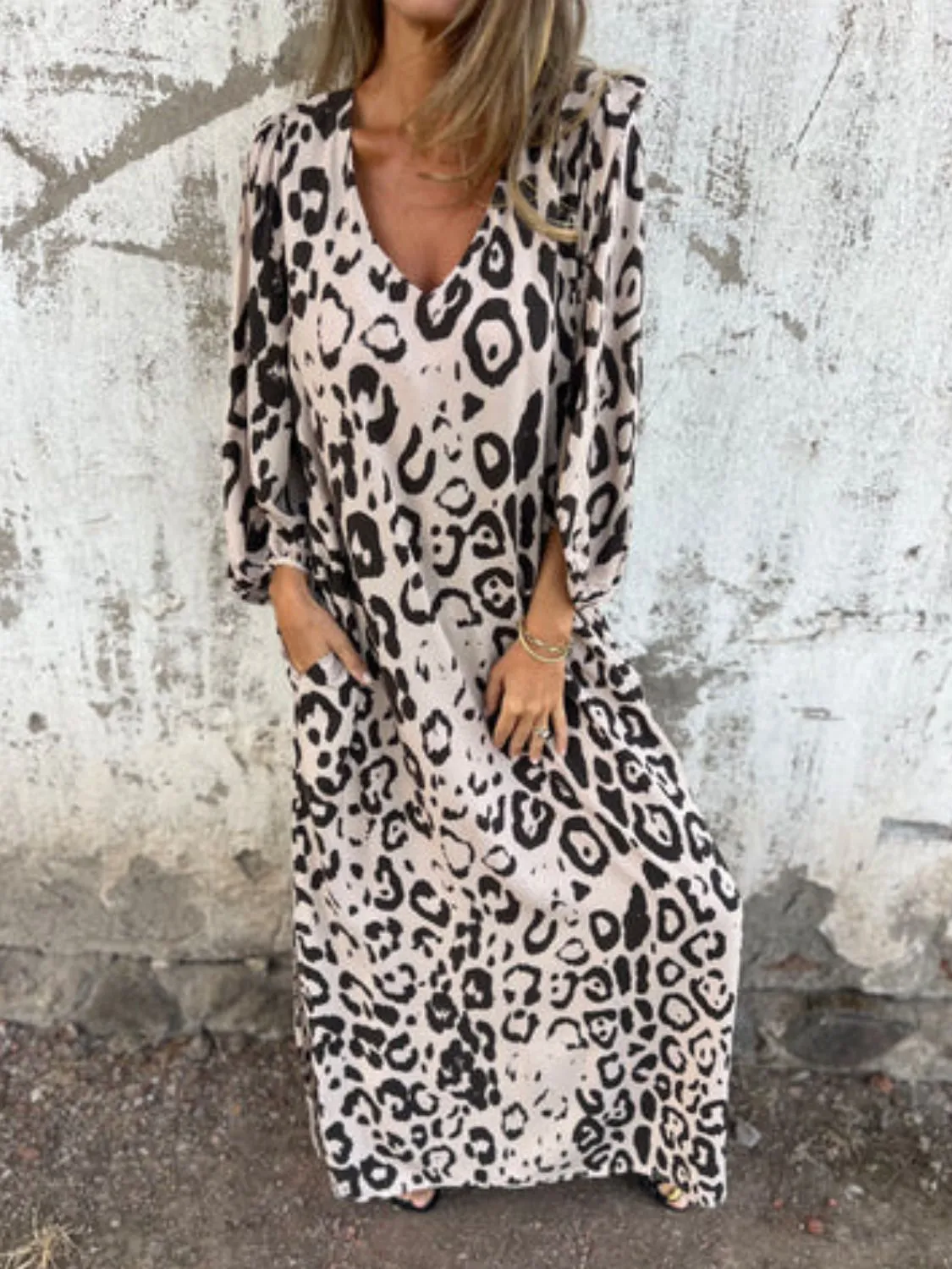 Full Size Printed V-Neck Dress with Pockets Plus Size - Image 32