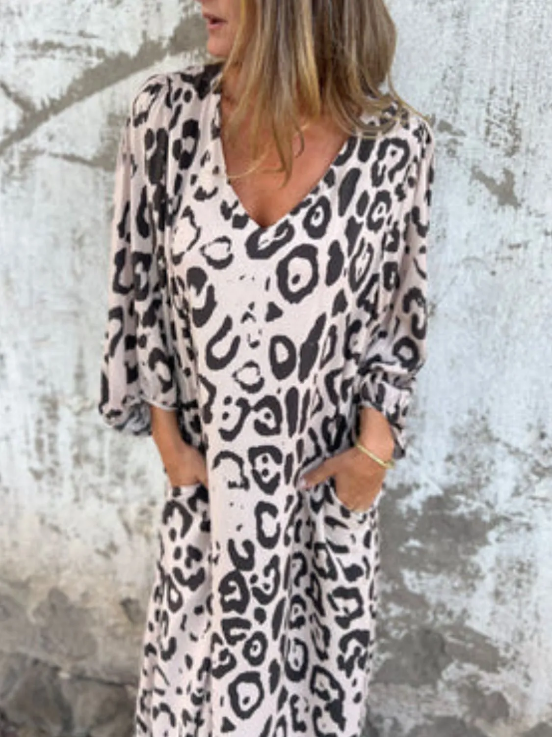 Full Size Printed V-Neck Dress with Pockets Plus Size - Image 33