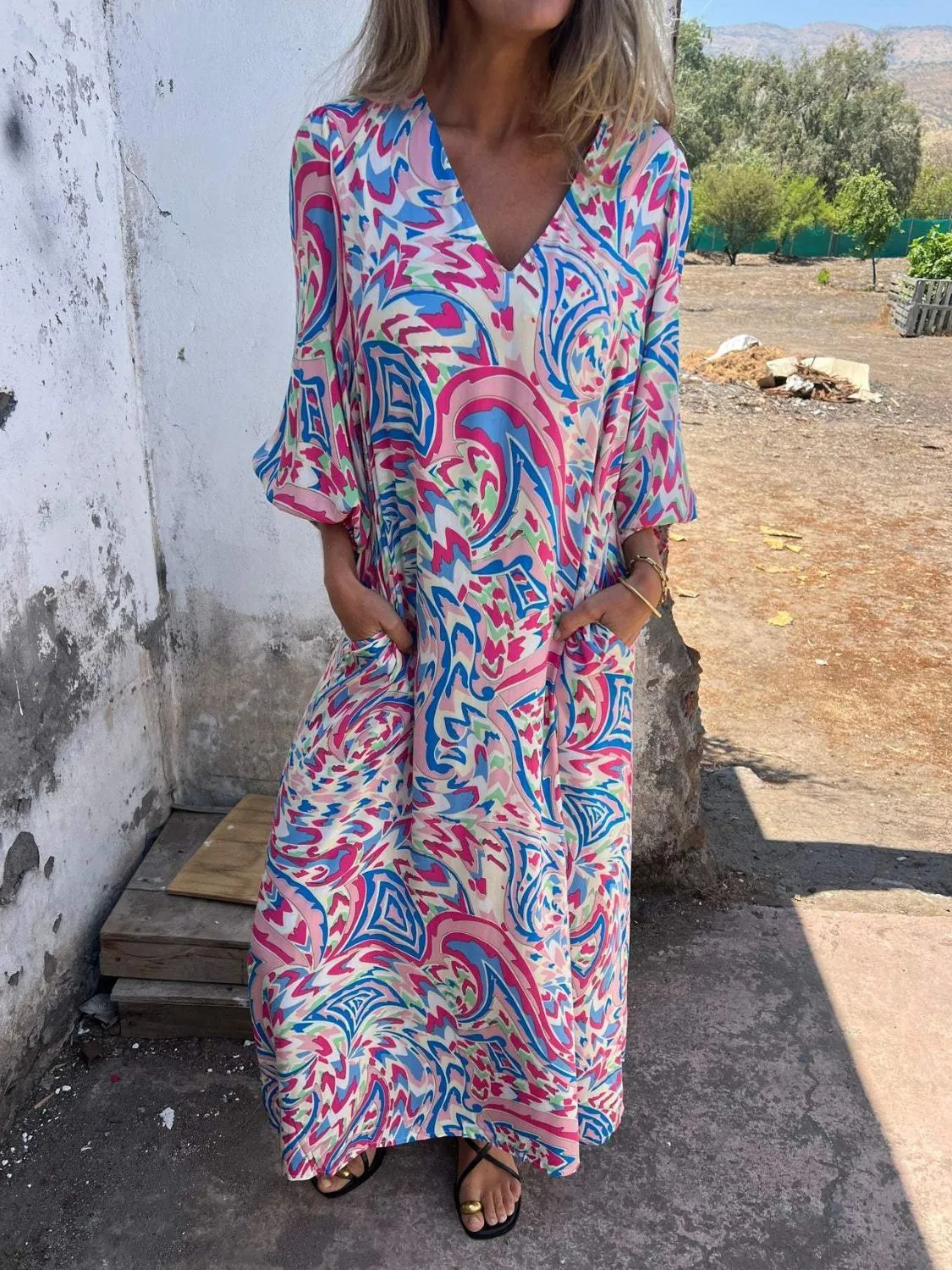 Full Size Printed V-Neck Dress with Pockets Plus Size - Image 4
