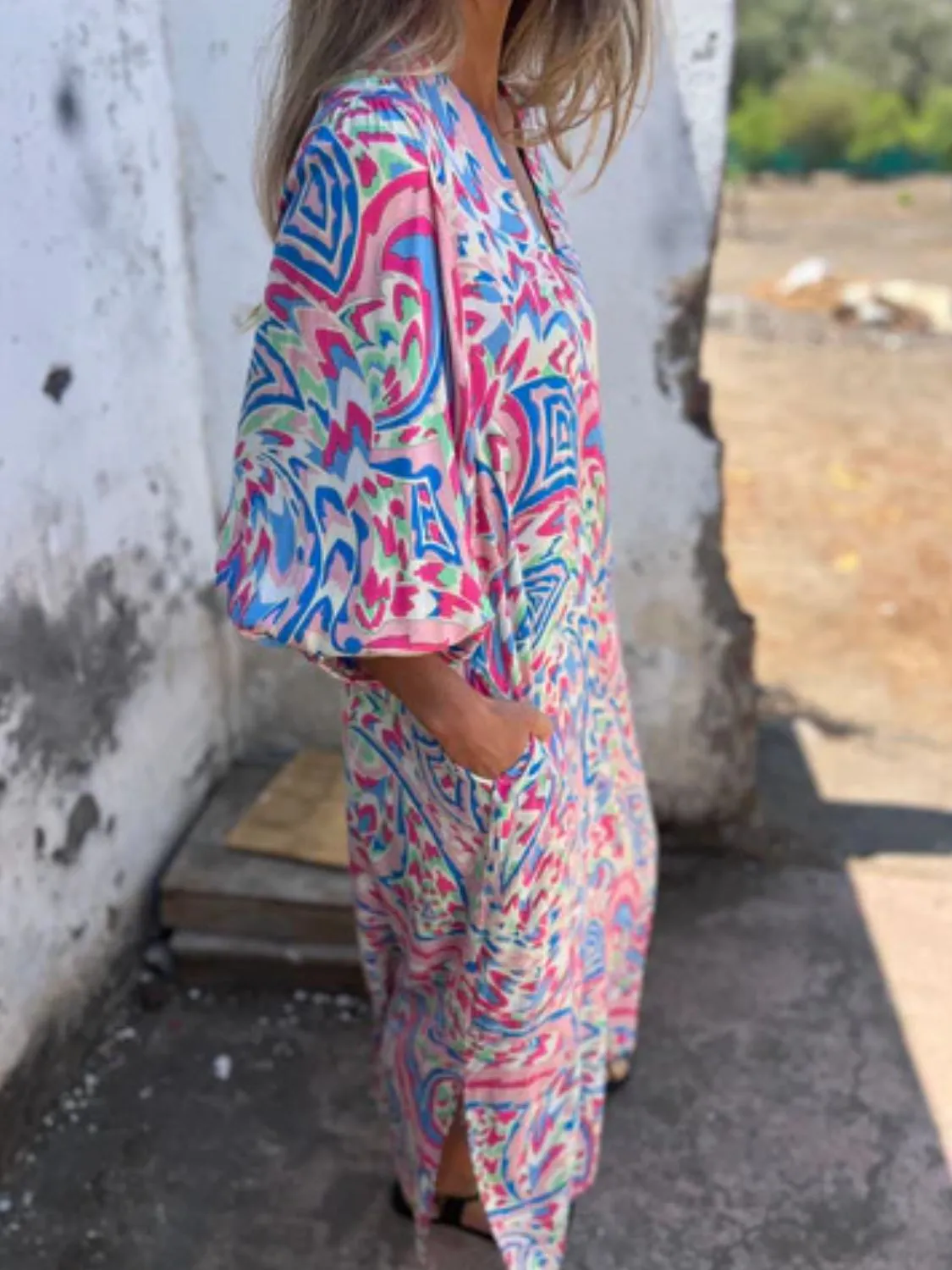 Full Size Printed V-Neck Dress with Pockets Plus Size - Image 5