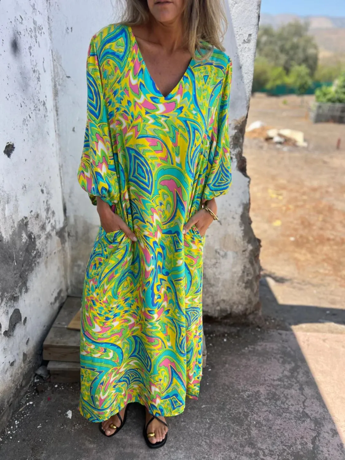 Full Size Printed V-Neck Dress with Pockets Plus Size - Image 8