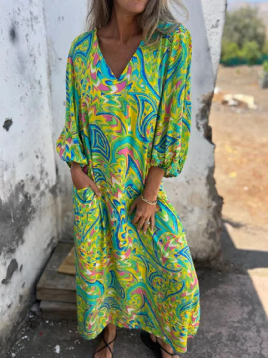 Full Size Printed V-Neck Dress with Pockets Plus Size - Image 9