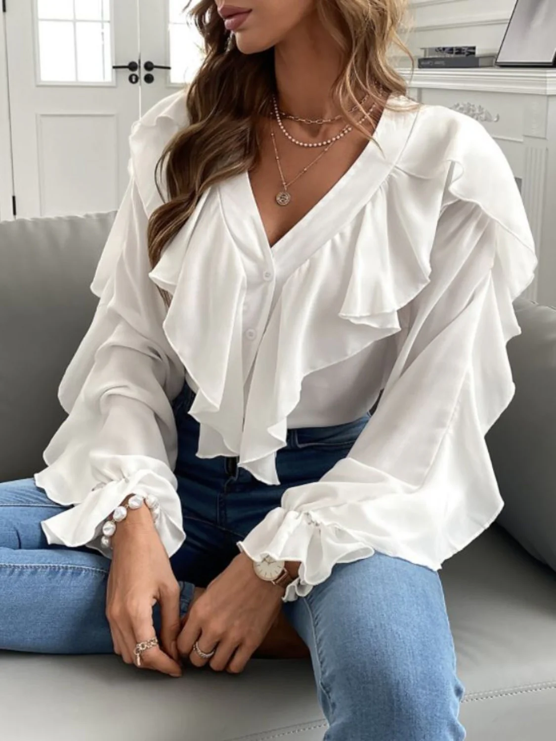 Full Size Ruffled V-Neck Button Down Flounce Sleeve Blouse - Image 2
