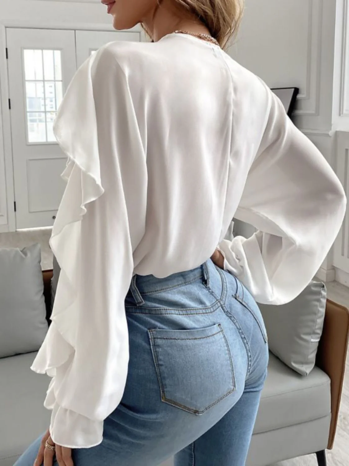 Full Size Ruffled V-Neck Button Down Flounce Sleeve Blouse - Image 3