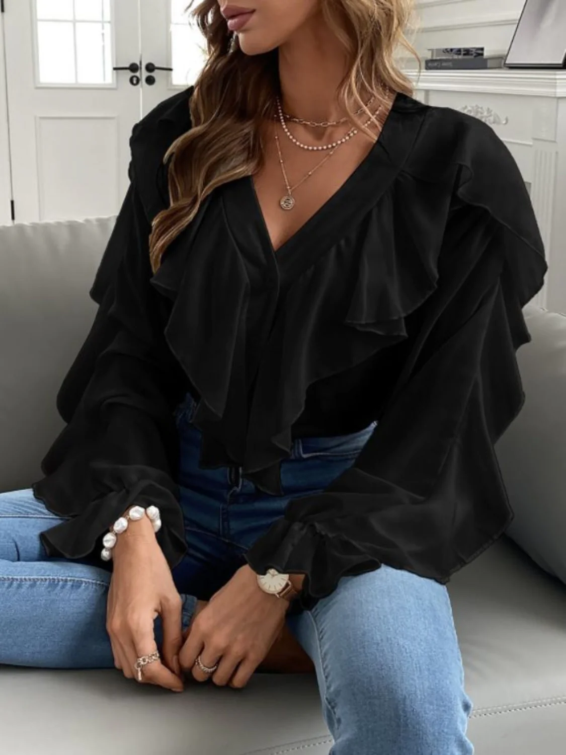 Full Size Ruffled V-Neck Button Down Flounce Sleeve Blouse - Image 4