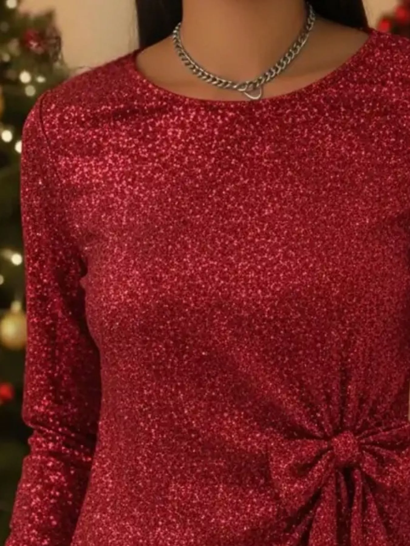 Full Size Sequin Bow-Knot Long Sleeve Top Plus Size - Image 9