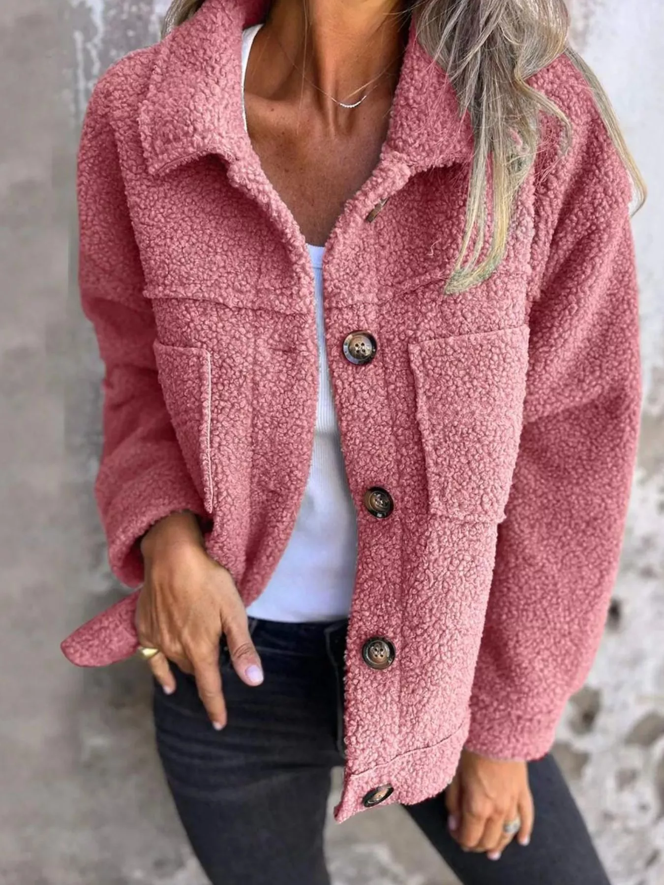 Full Size Single-Breasted Sherpa Shacket Plus Size - Image 2