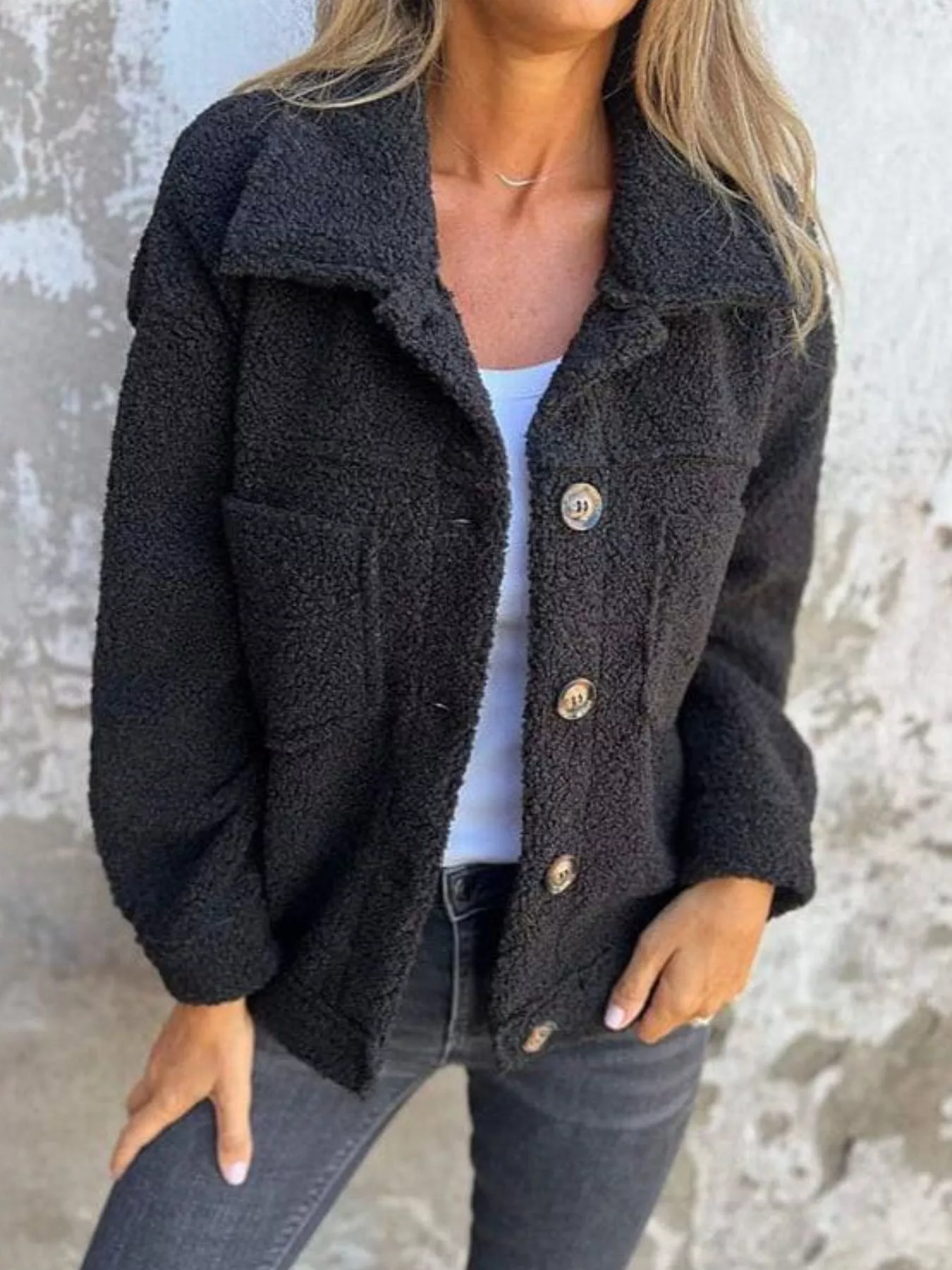 Full Size Single-Breasted Sherpa Shacket Plus Size - Image 4
