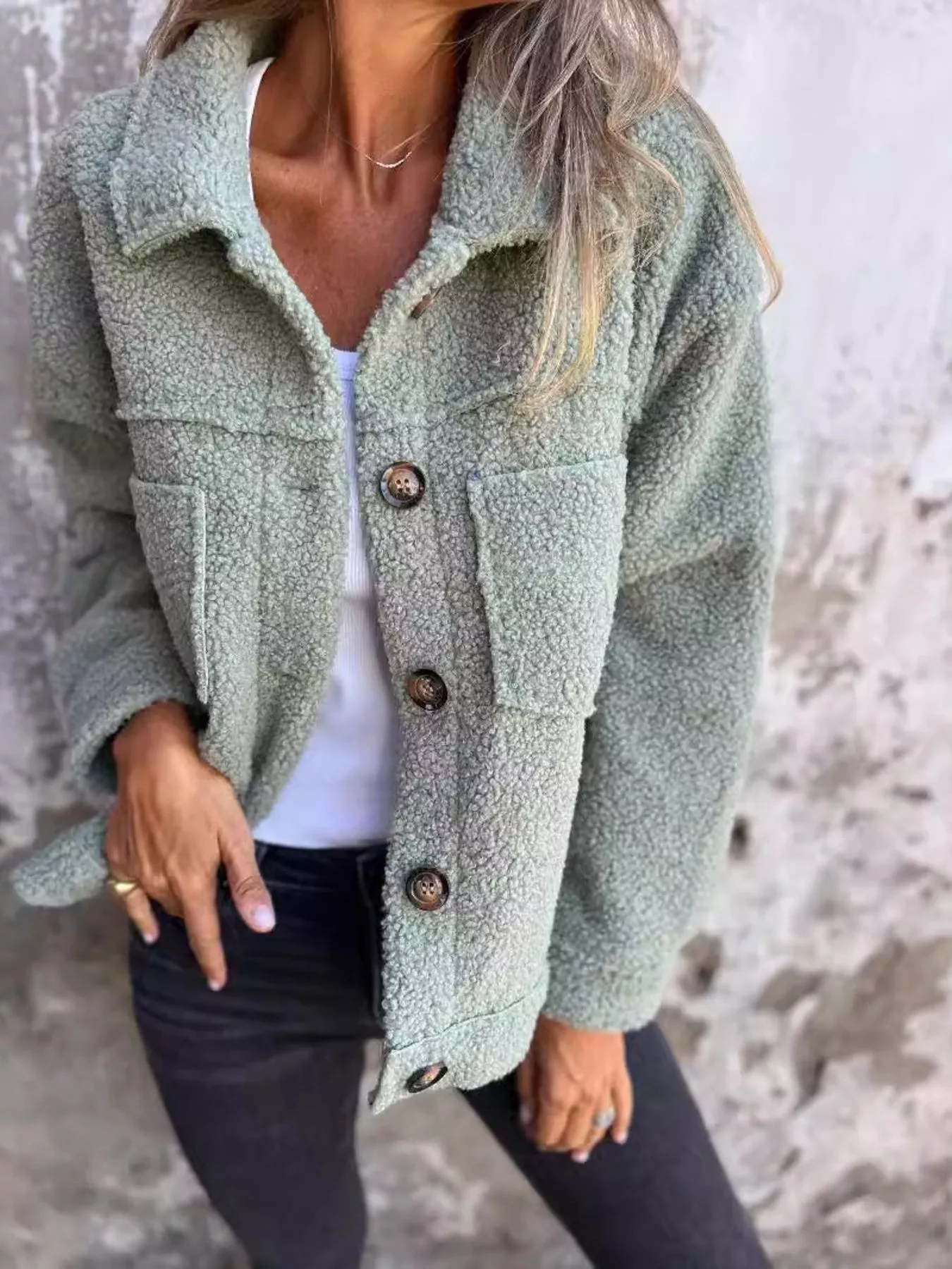 Full Size Single-Breasted Sherpa Shacket Plus Size - Image 7