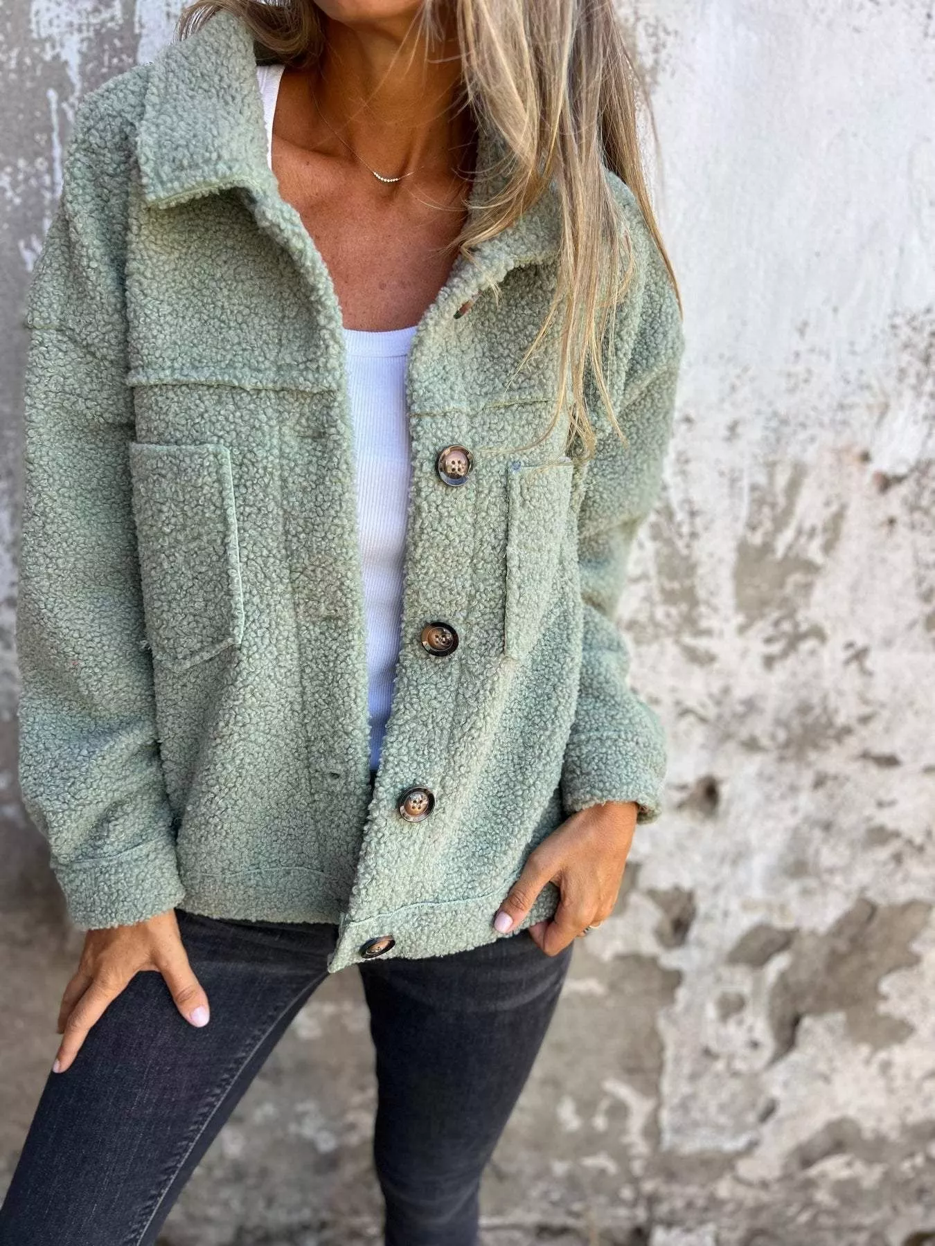 Full Size Single-Breasted Sherpa Shacket Plus Size - Image 9