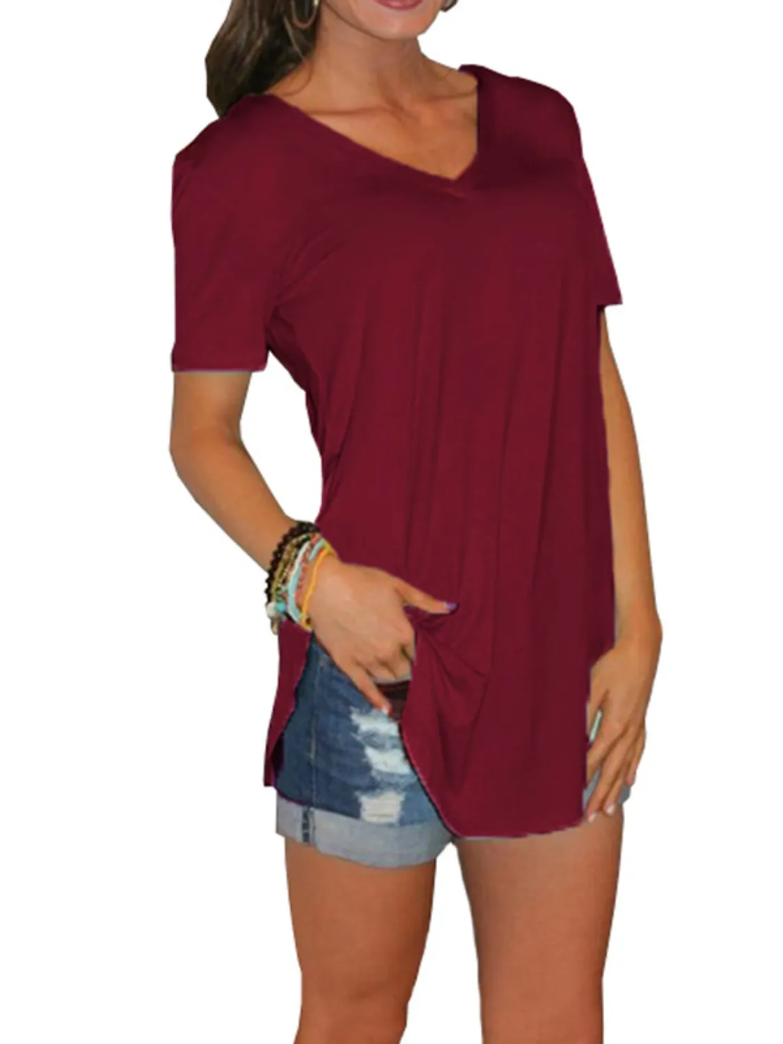 Full Size Solid V-Neck Short Sleeve T-Shirt Plus Size - Image 21