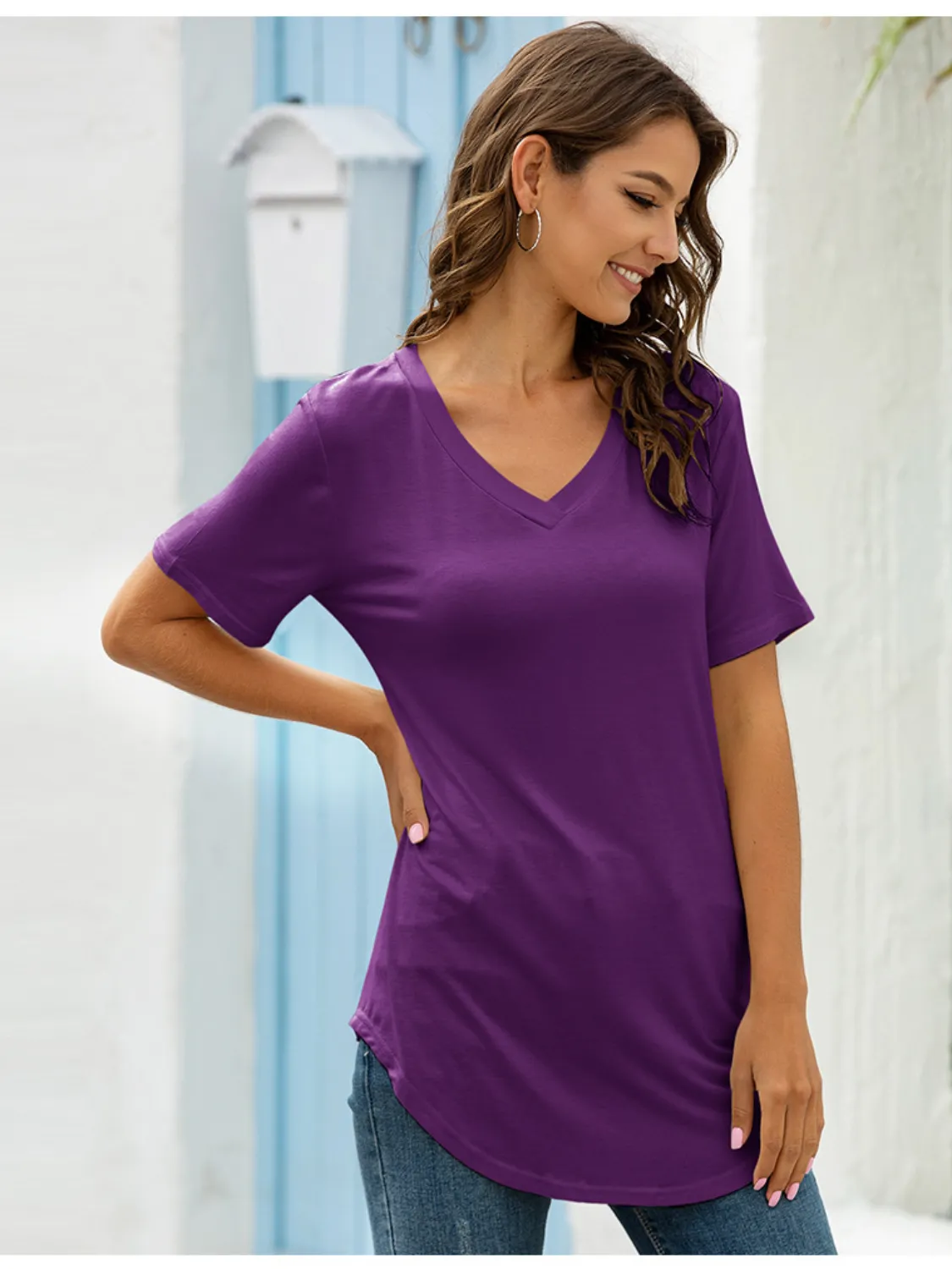 Full Size Solid V-Neck Short Sleeve T-Shirt Plus Size - Image 23