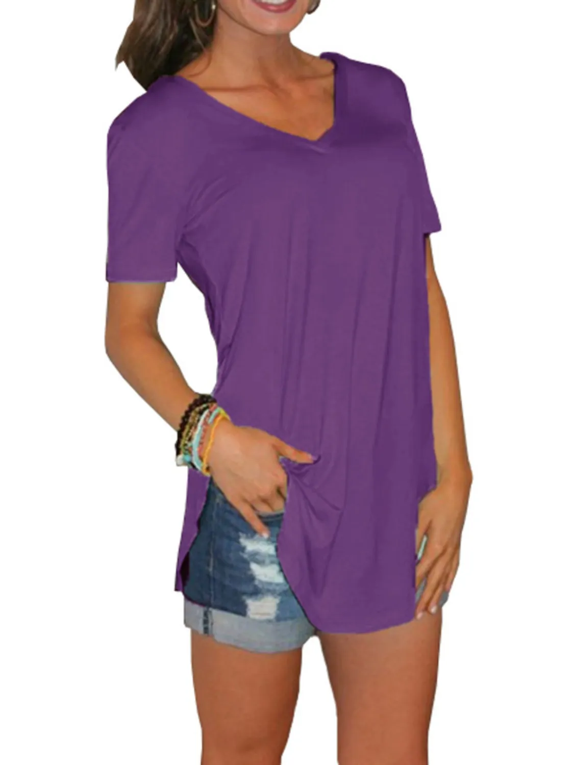 Full Size Solid V-Neck Short Sleeve T-Shirt Plus Size - Image 24