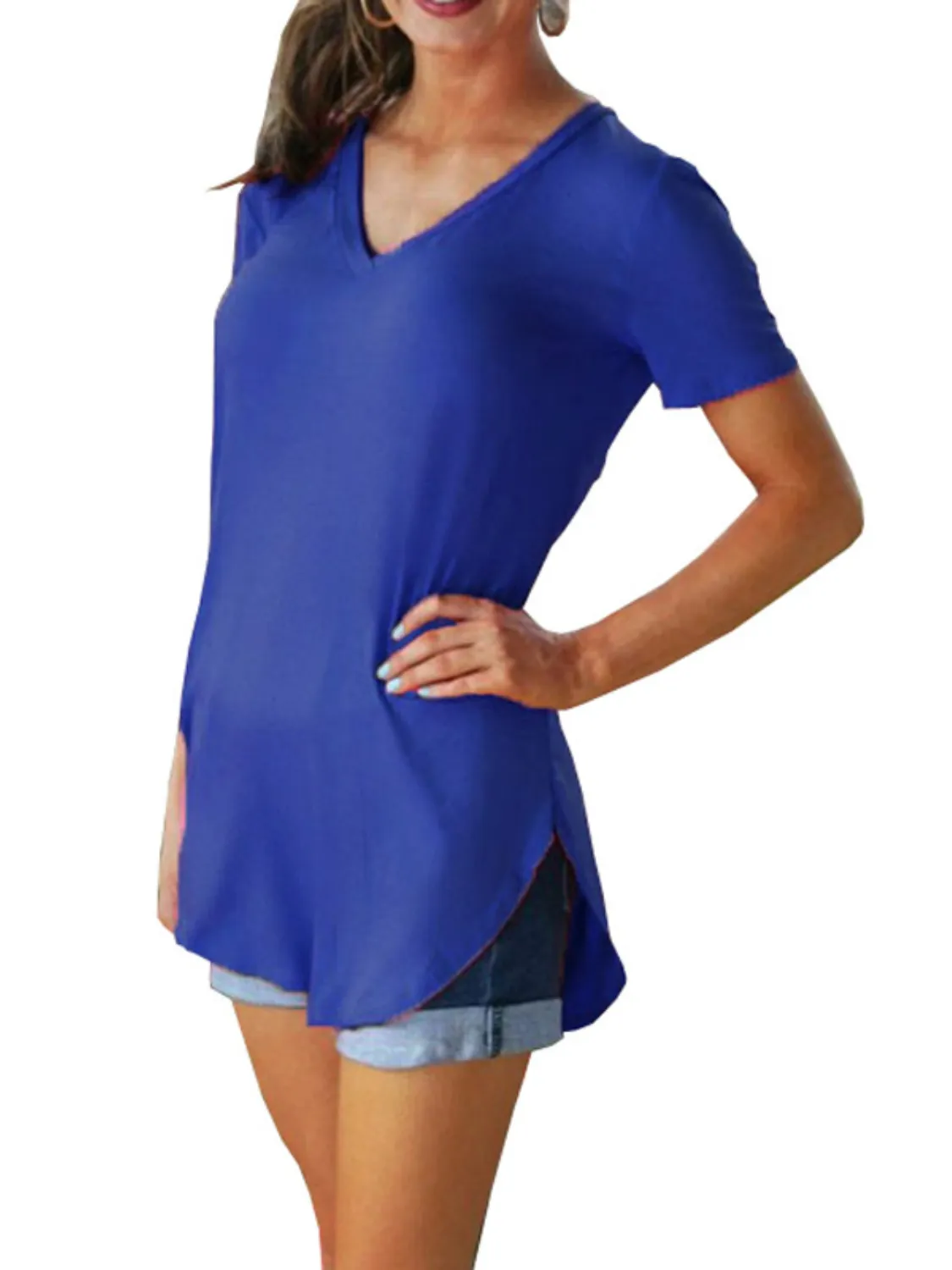 Full Size Solid V-Neck Short Sleeve T-Shirt Plus Size - Image 27