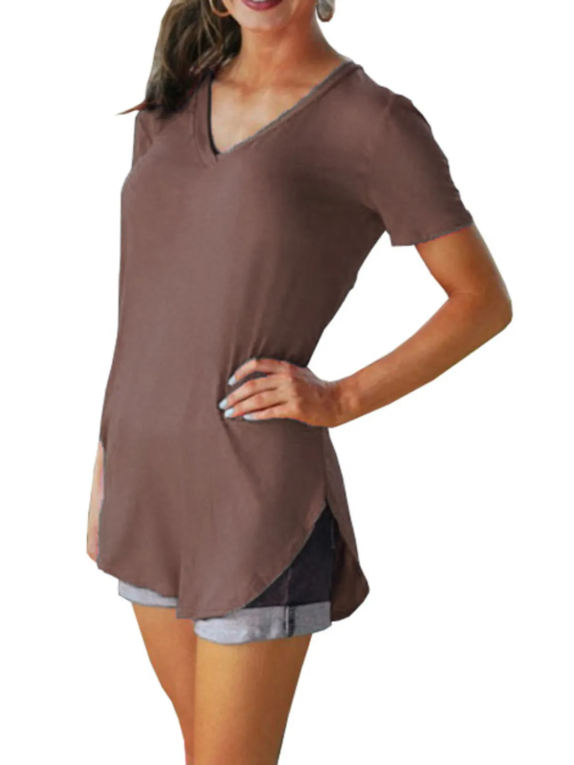 Full Size Solid V-Neck Short Sleeve T-Shirt Plus Size - Image 30