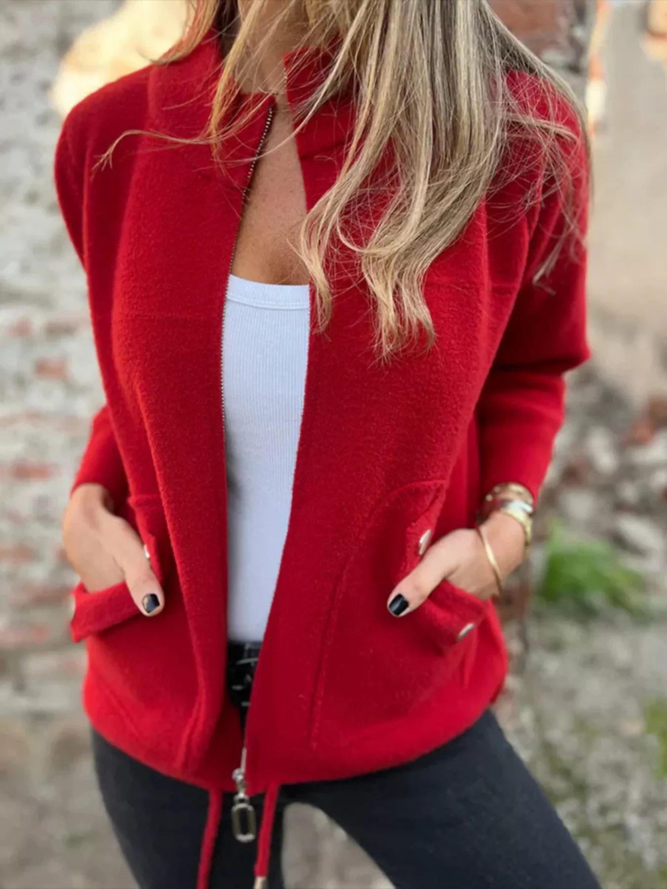 Full Size Textured Knit Zip Up Outerwear Plus Size - Image 2