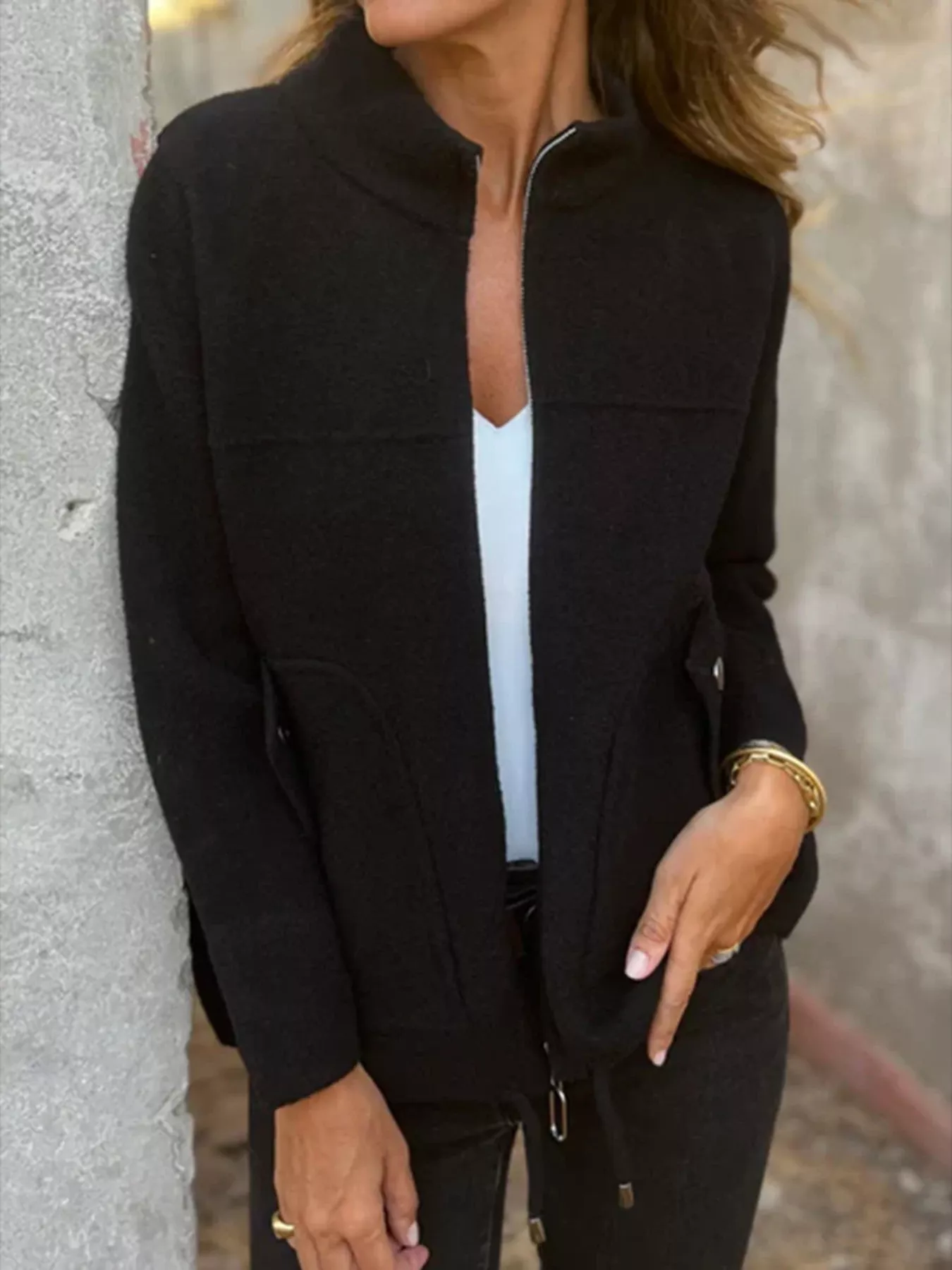 Full Size Textured Knit Zip Up Outerwear Plus Size - Image 7