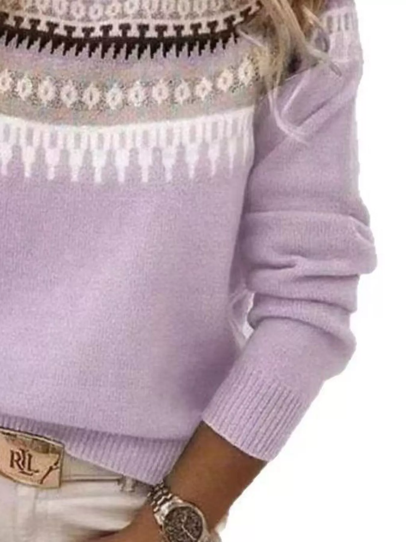 Full Size Vintage Patterned Round Neck Sweater Plus Size - Image 15