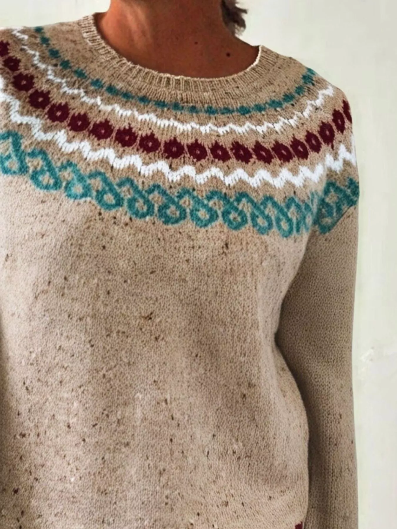 Full Size Vintage Patterned Round Neck Sweater Plus Size - Image 5