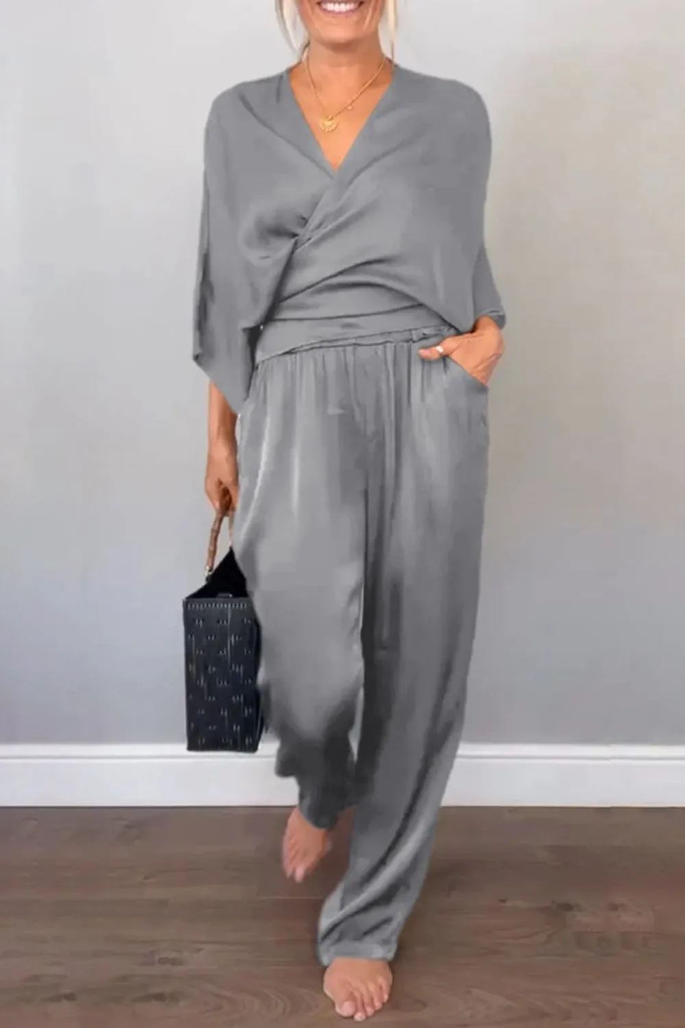 Full Size Wrap Surplice Top and Pants Set Plus Size - Image 11