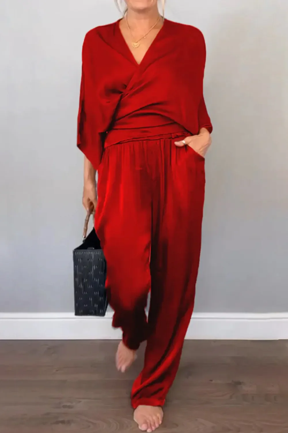 Full Size Wrap Surplice Top and Pants Set Plus Size - Image 17