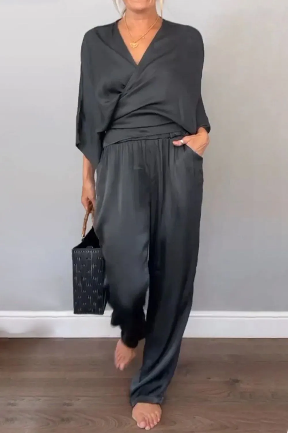 Full Size Wrap Surplice Top and Pants Set Plus Size - Image 2
