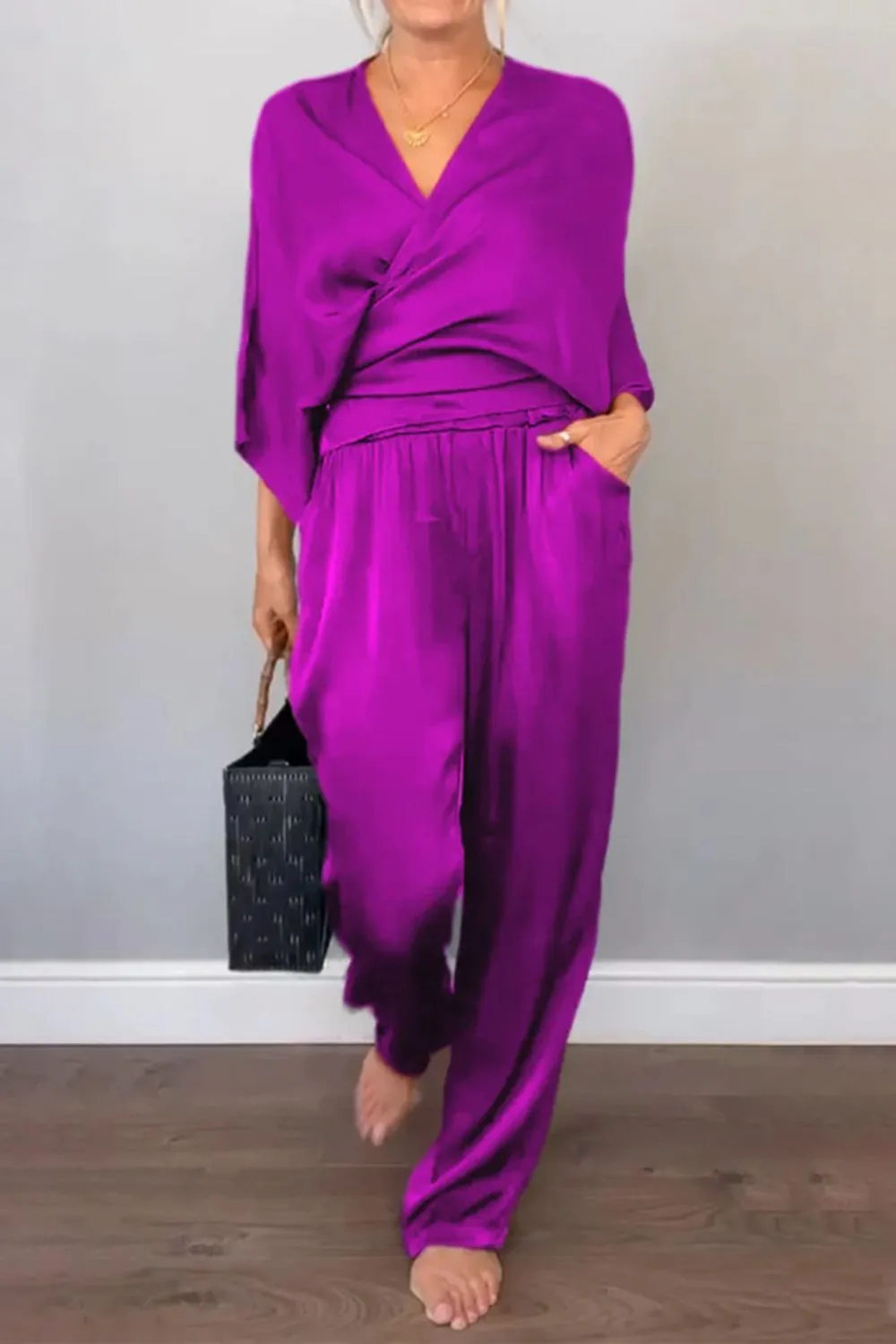 Full Size Wrap Surplice Top and Pants Set Plus Size - Image 20
