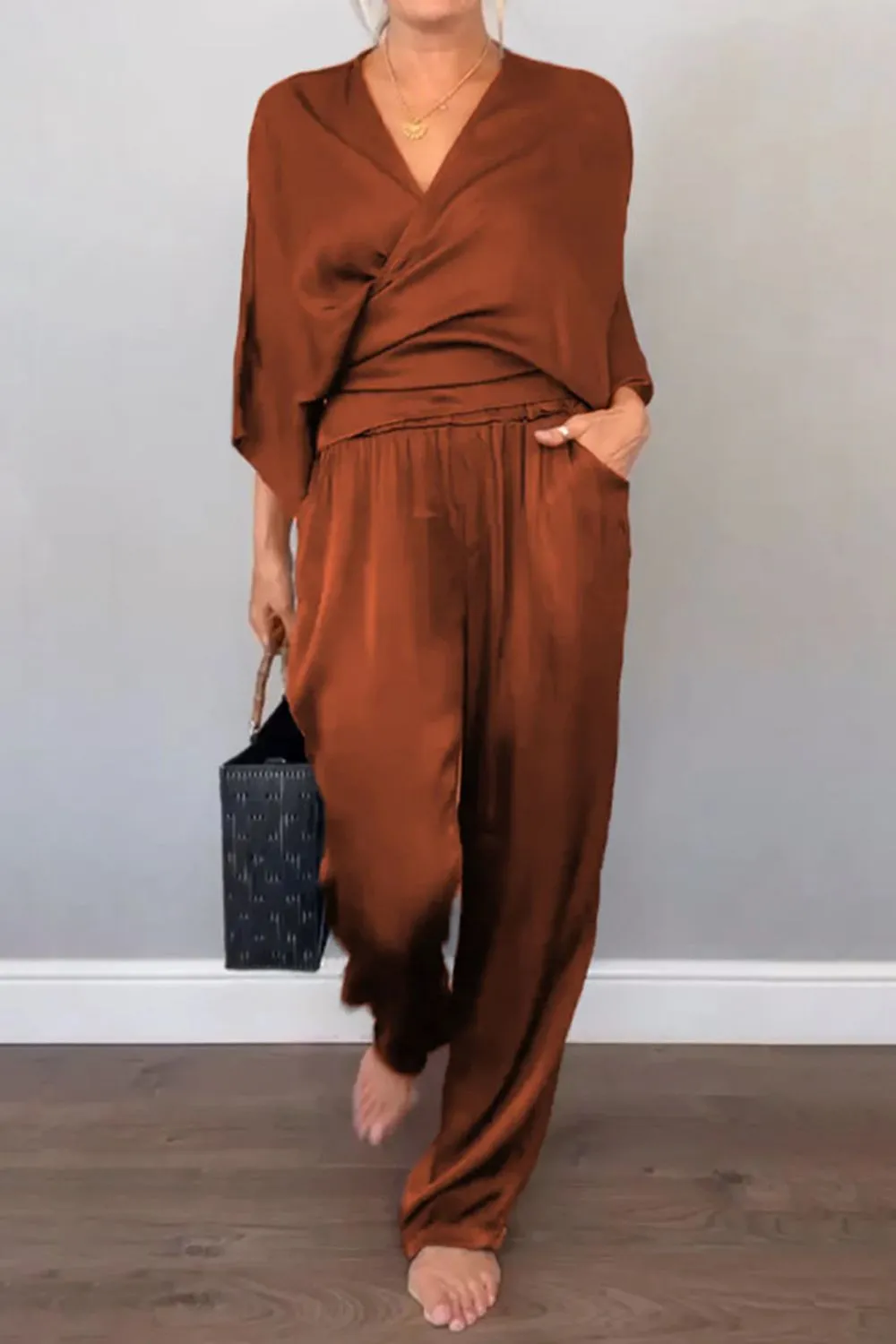 Full Size Wrap Surplice Top and Pants Set Plus Size - Image 5