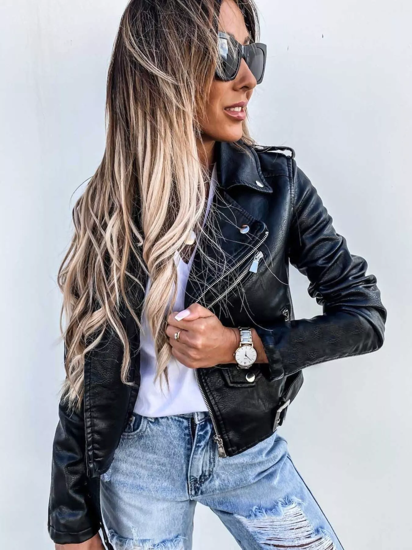 Full Size Zip Up Leather Motorcycle Biker Jacket Plus Size - Image 3