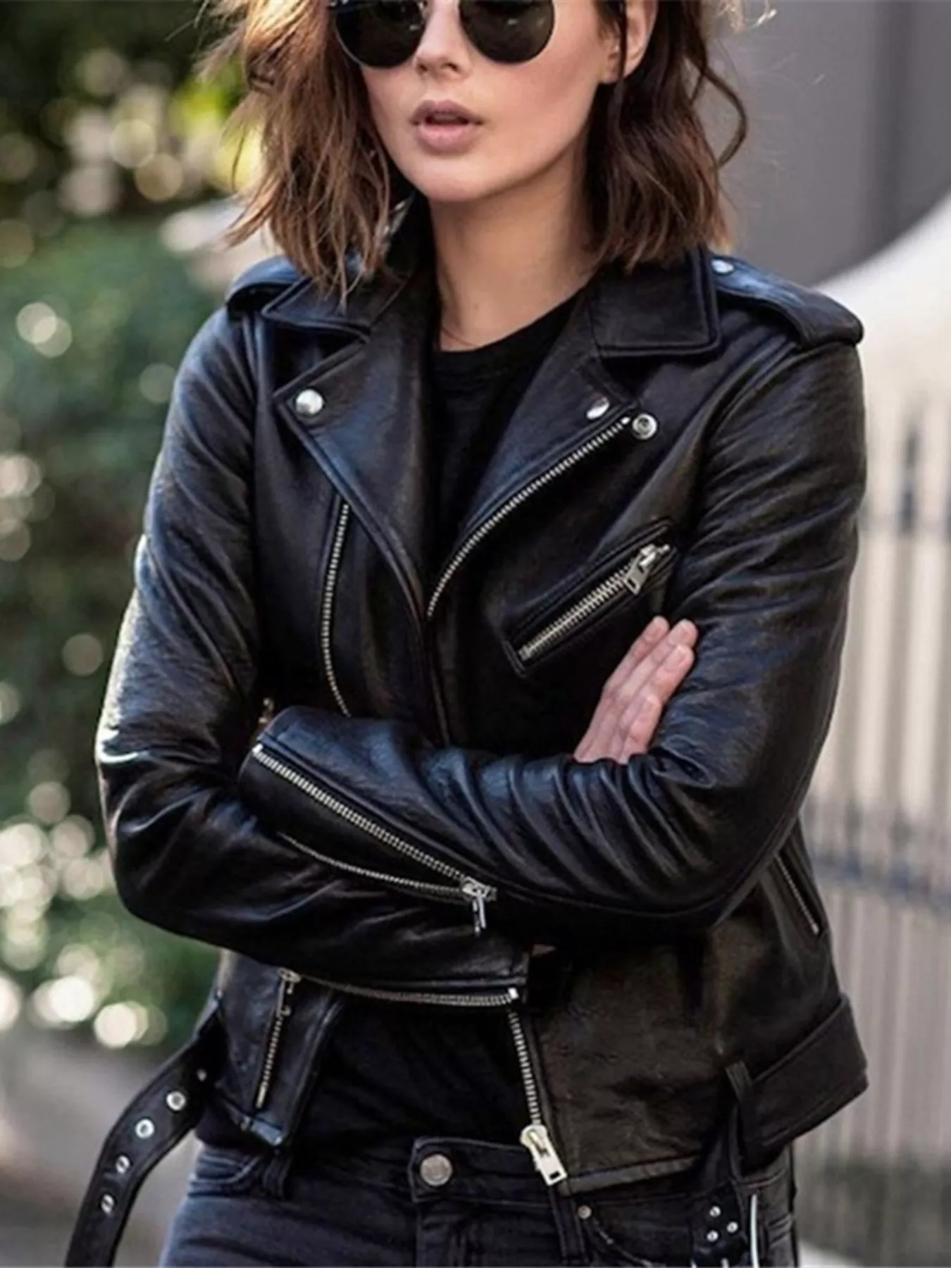 Full Size Zip Up Leather Motorcycle Biker Jacket Plus Size - Image 4