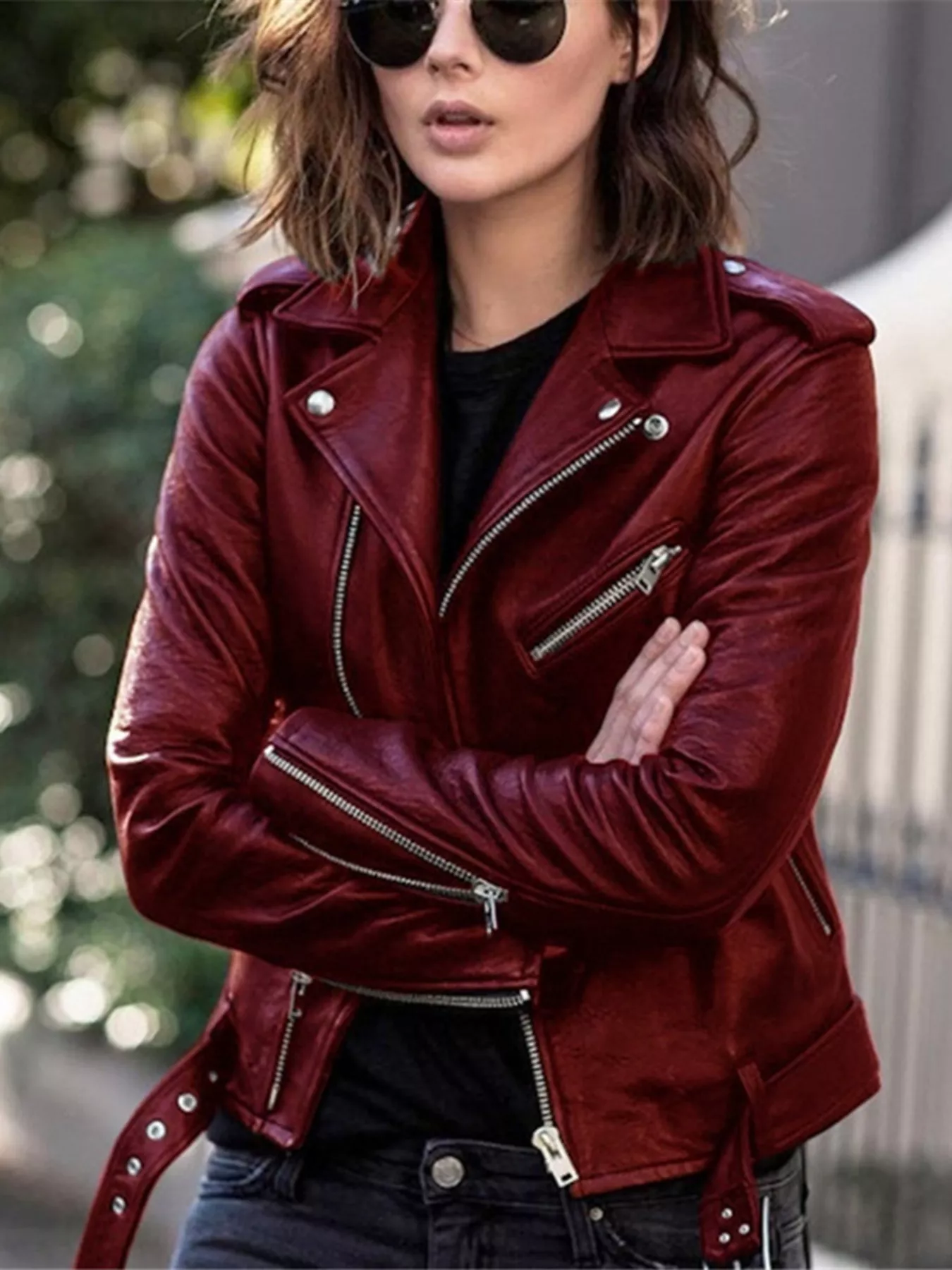 Full Size Zip Up Leather Motorcycle Biker Jacket Plus Size - Image 7