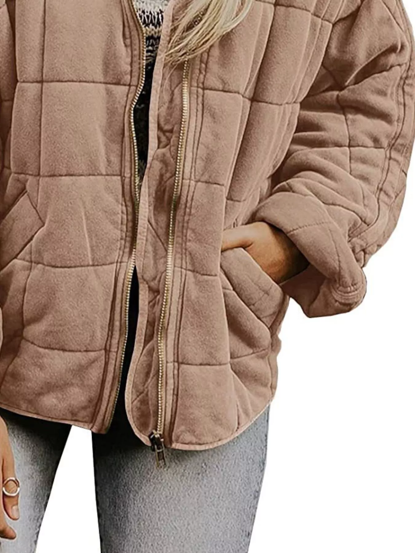 Full Size Zip Up Quilted Bomber Jacket Plus Size - Image 11
