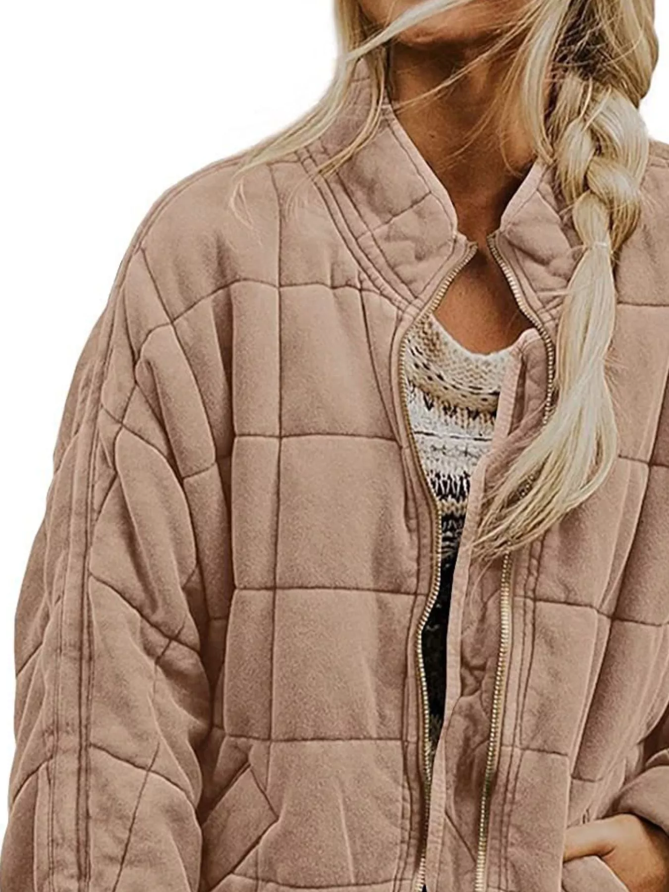 Full Size Zip Up Quilted Bomber Jacket Plus Size - Image 12