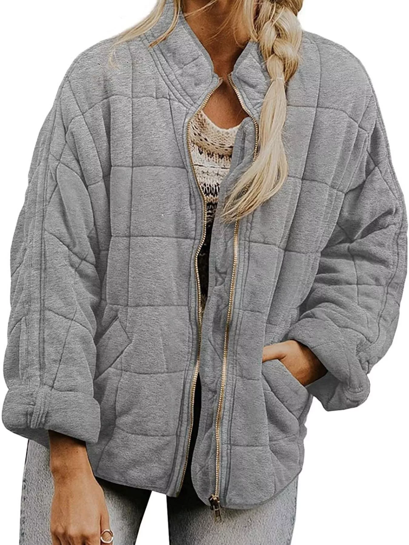 Full Size Zip Up Quilted Bomber Jacket Plus Size - Image 13