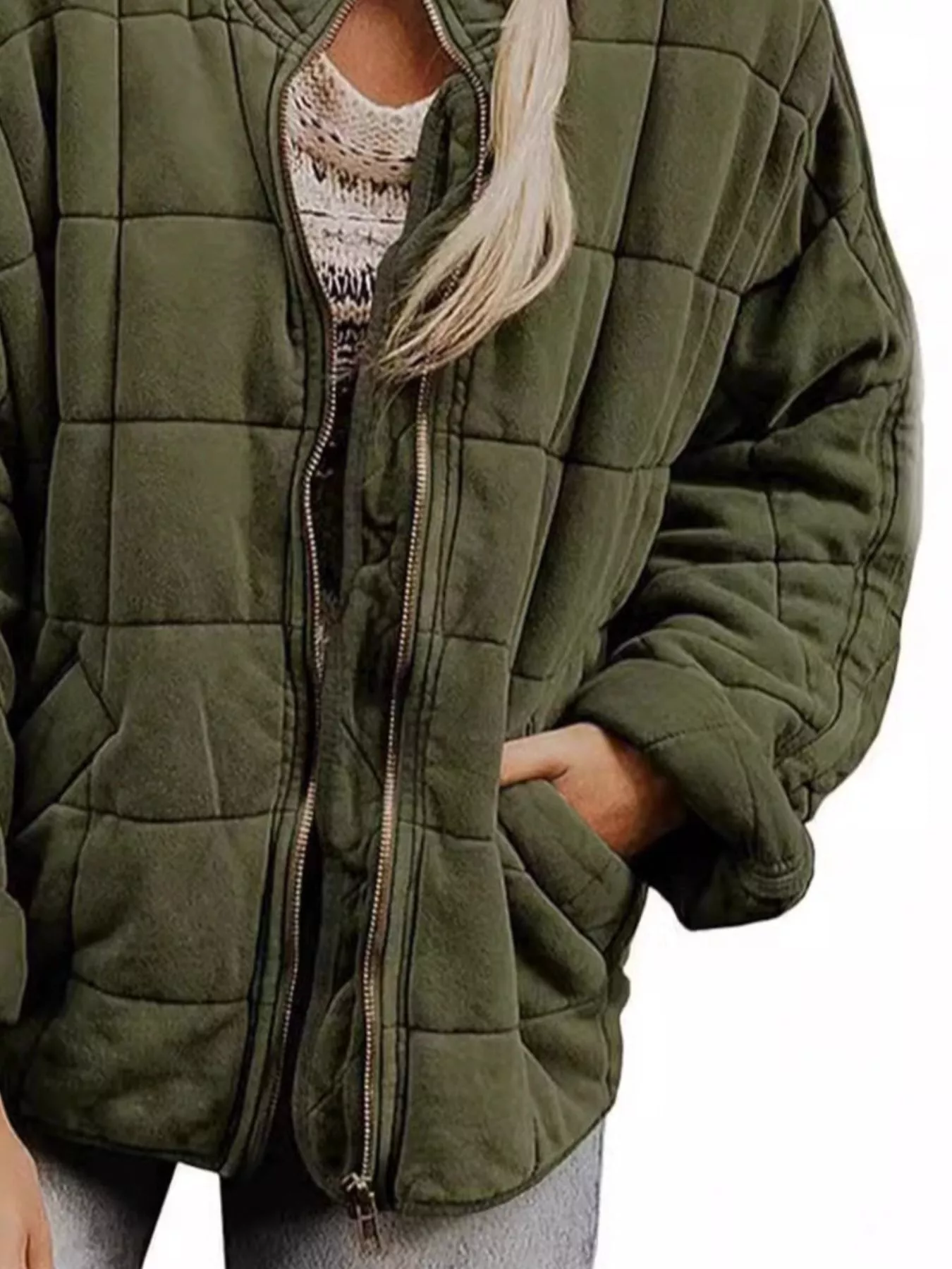 Full Size Zip Up Quilted Bomber Jacket Plus Size - Image 2