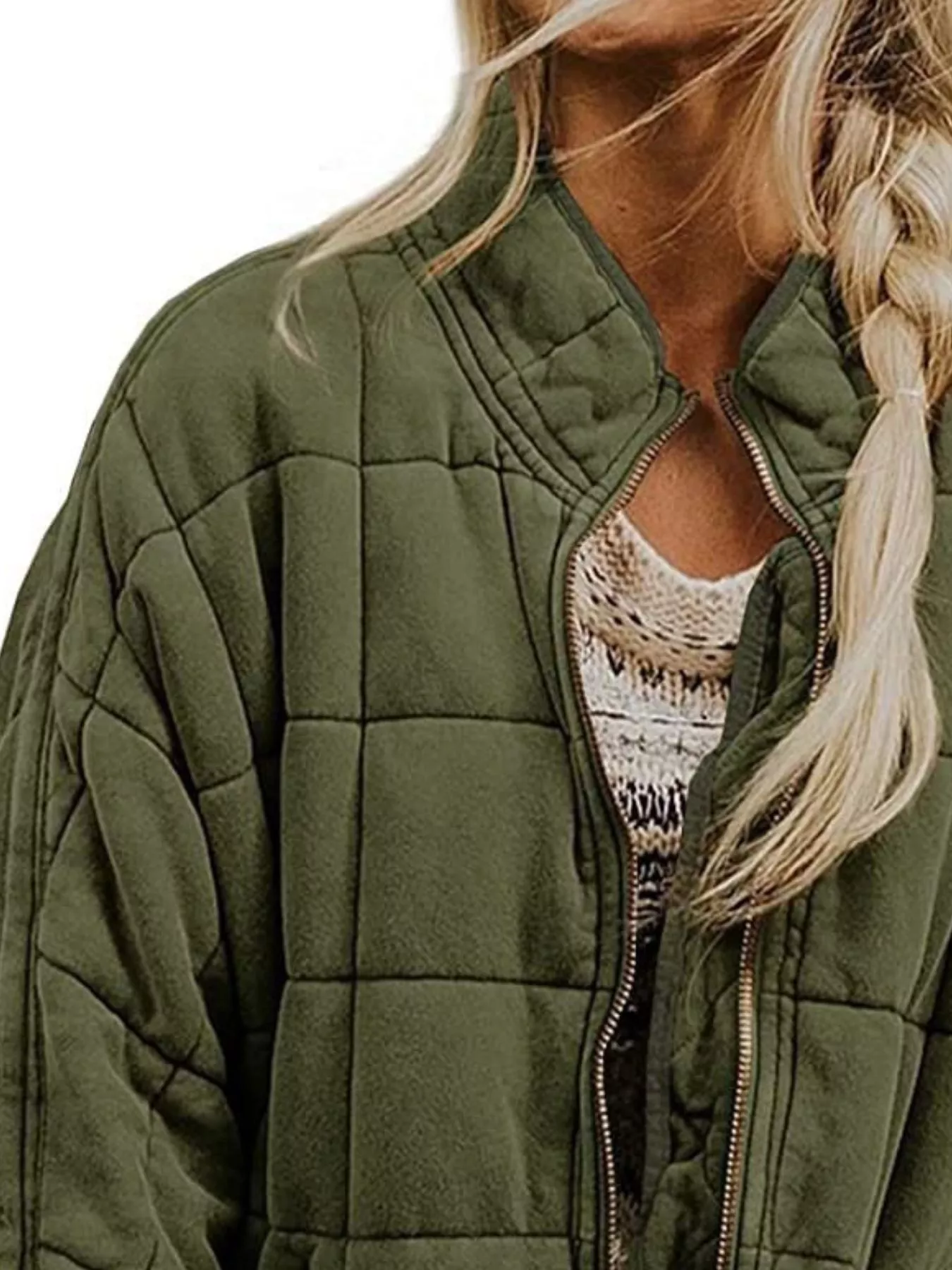Full Size Zip Up Quilted Bomber Jacket Plus Size - Image 3