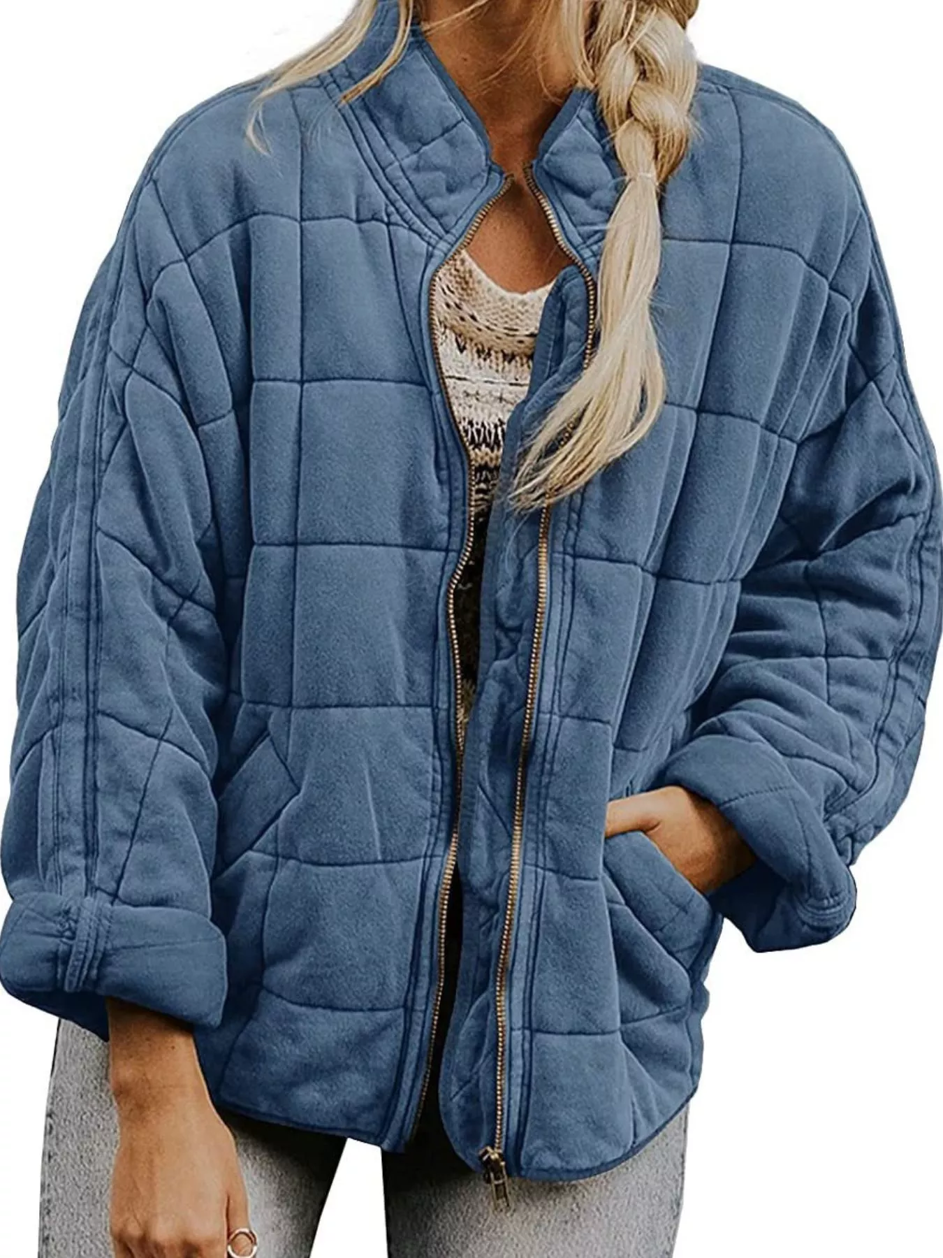 Full Size Zip Up Quilted Bomber Jacket Plus Size - Image 4