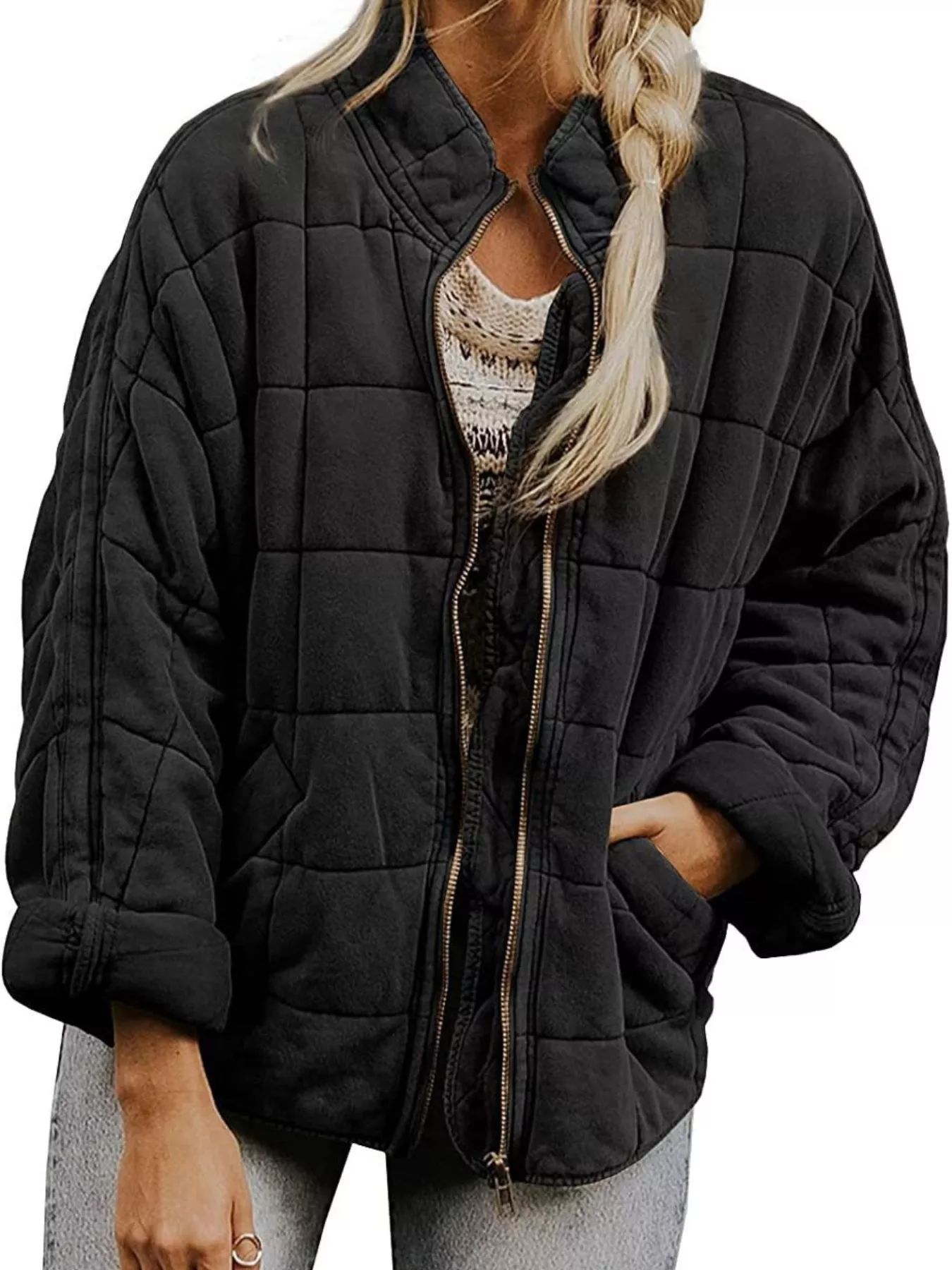 Full Size Zip Up Quilted Bomber Jacket Plus Size - Image 7
