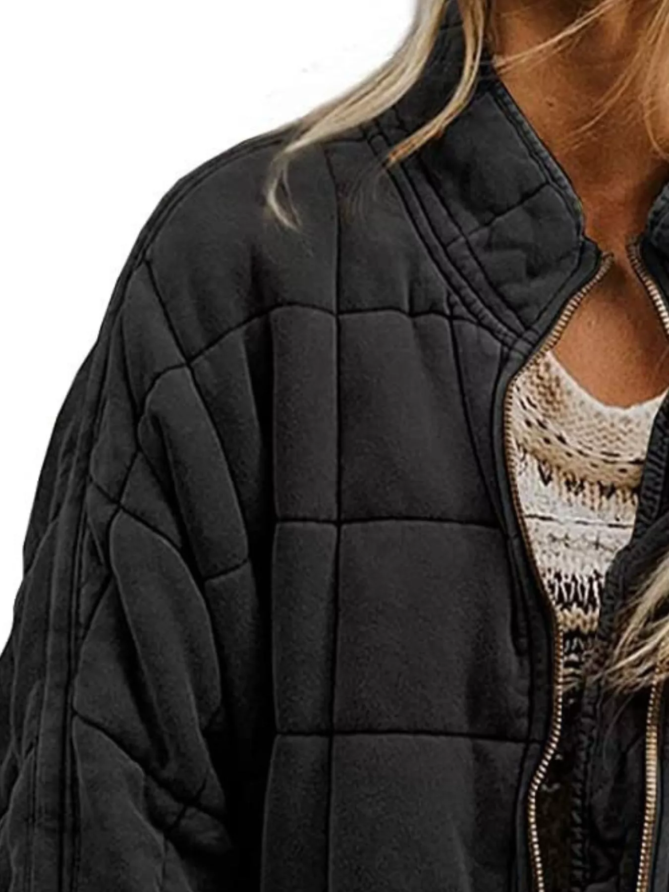 Full Size Zip Up Quilted Bomber Jacket Plus Size - Image 9