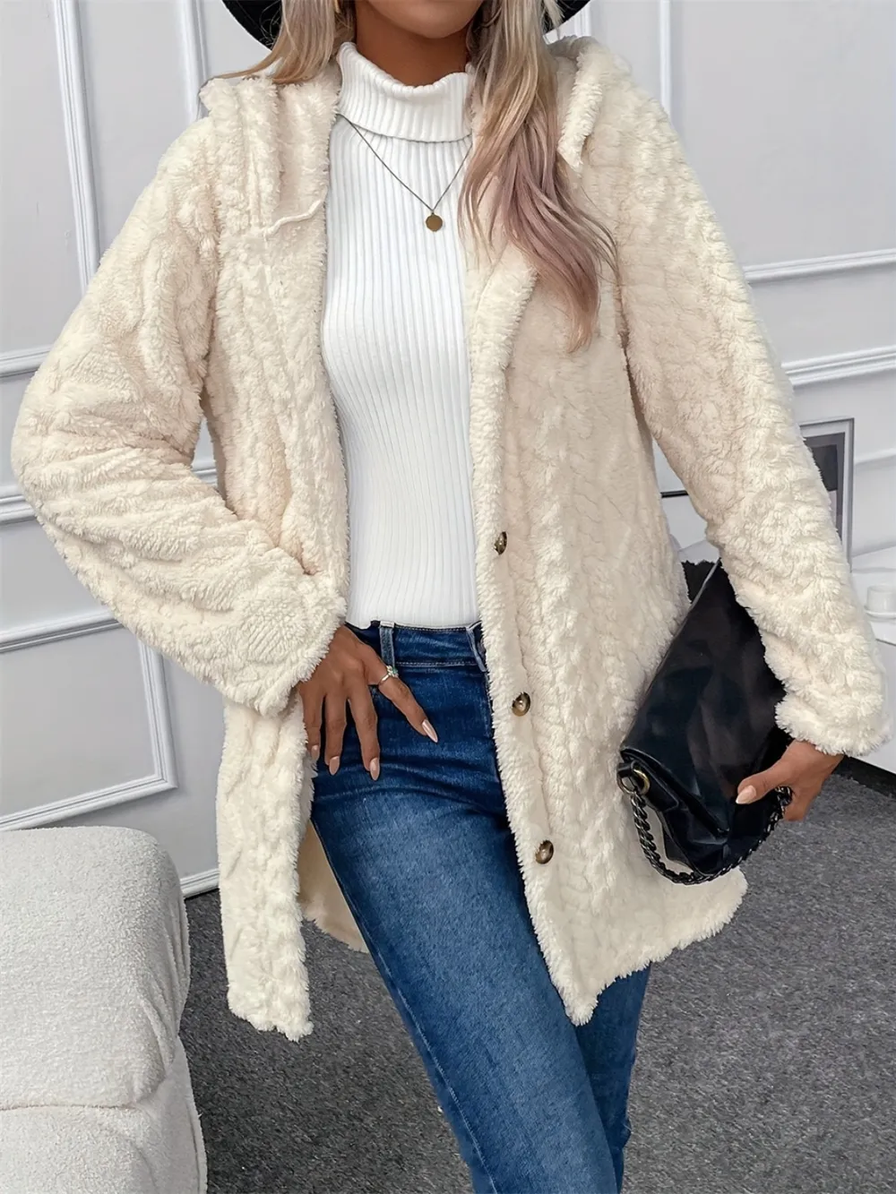 Fuzzy Button Down Hooded Coat - Image 2