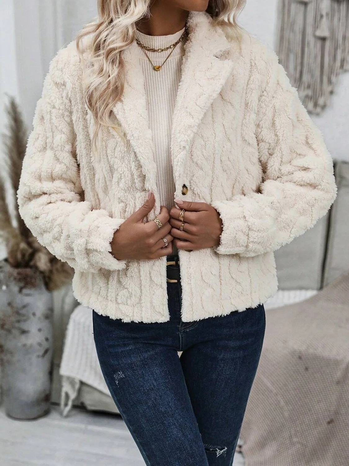 Fuzzy Button Up Collared Neck Jacket - Image 2