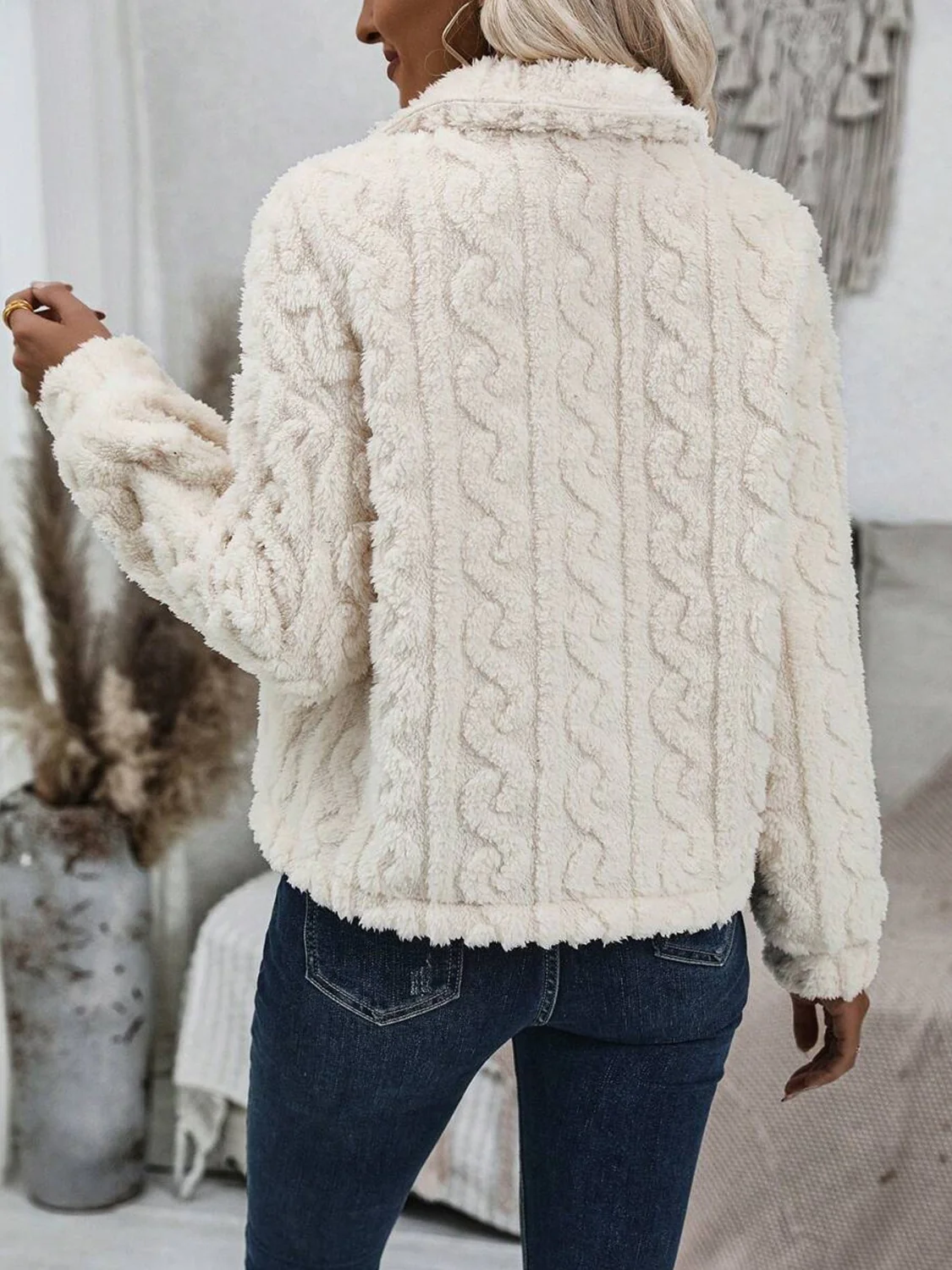 Fuzzy Button Up Collared Neck Jacket - Image 3