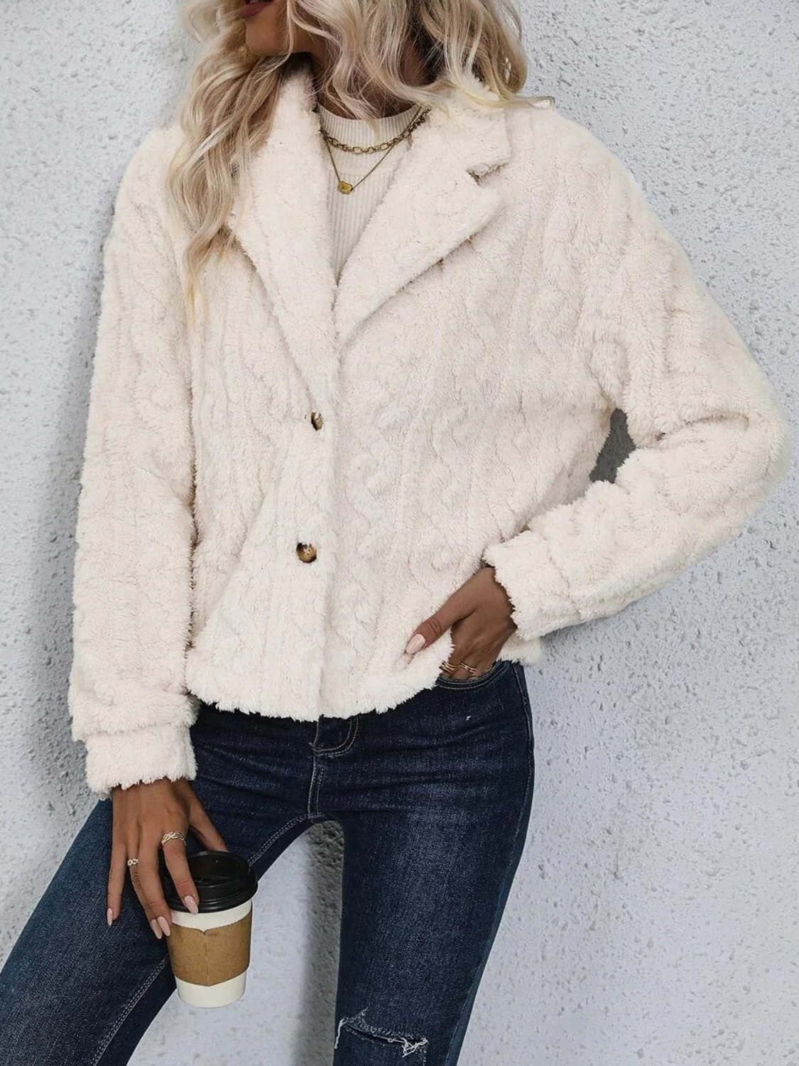 Fuzzy Button Up Collared Neck Jacket - Image 4