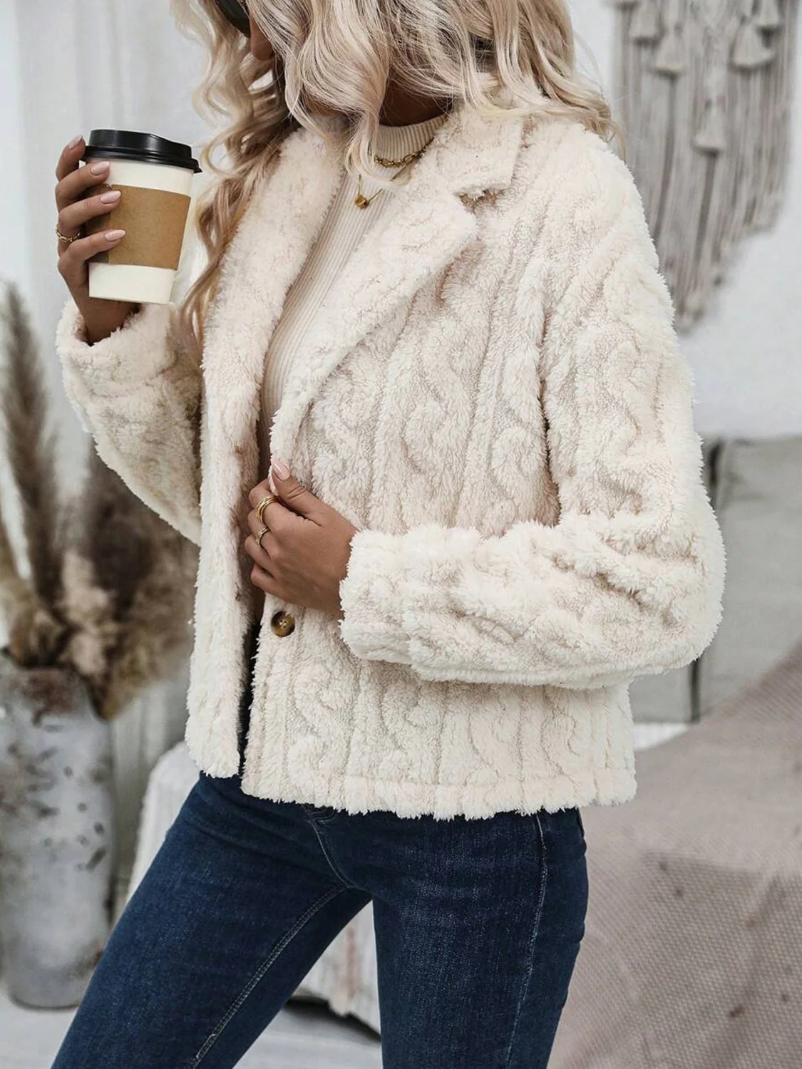 Fuzzy Button Up Collared Neck Jacket - Image 5