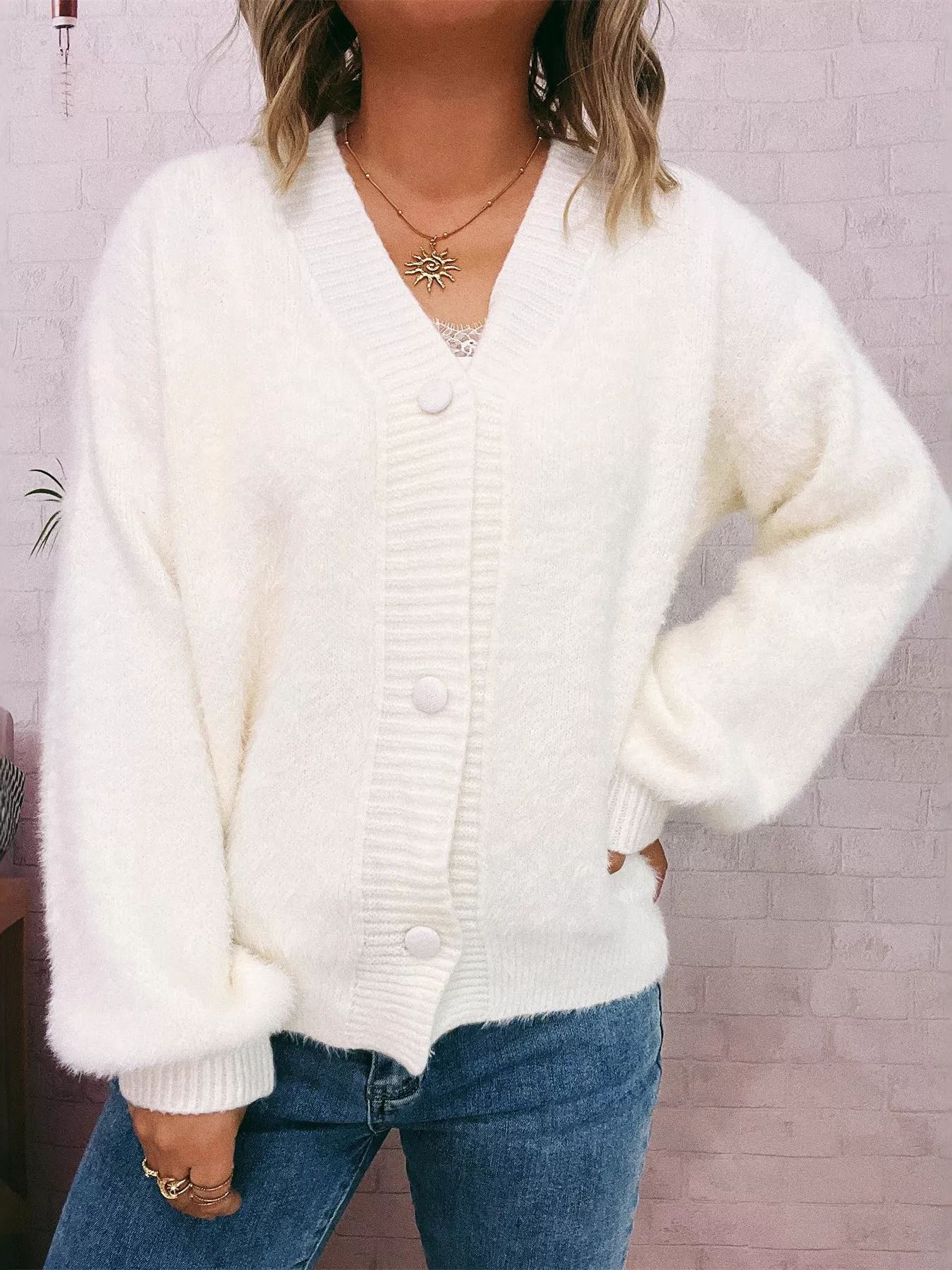 Fuzzy Button-Up Long Sleeve Cardigan