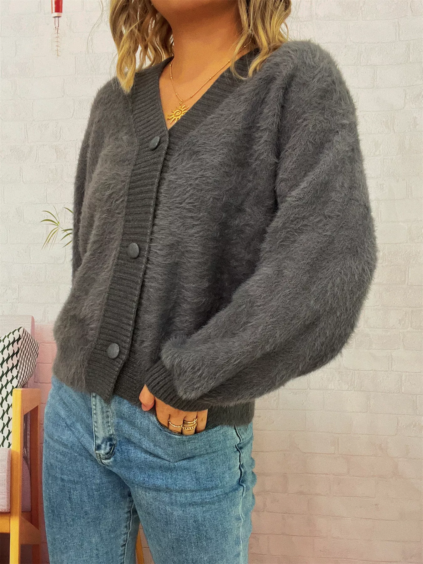 Fuzzy Button-Up Long Sleeve Cardigan - Image 11