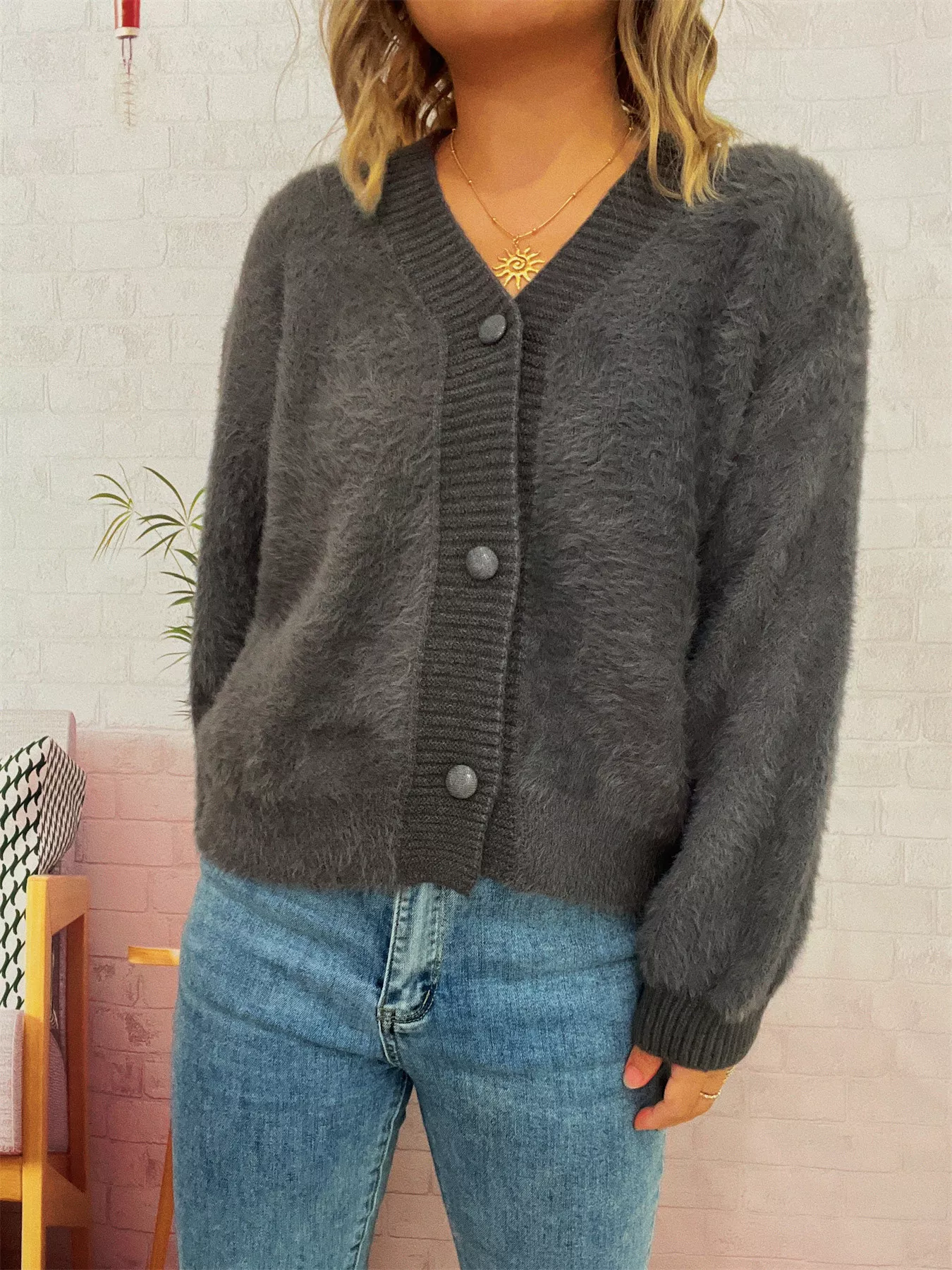 Fuzzy Button-Up Long Sleeve Cardigan - Image 12